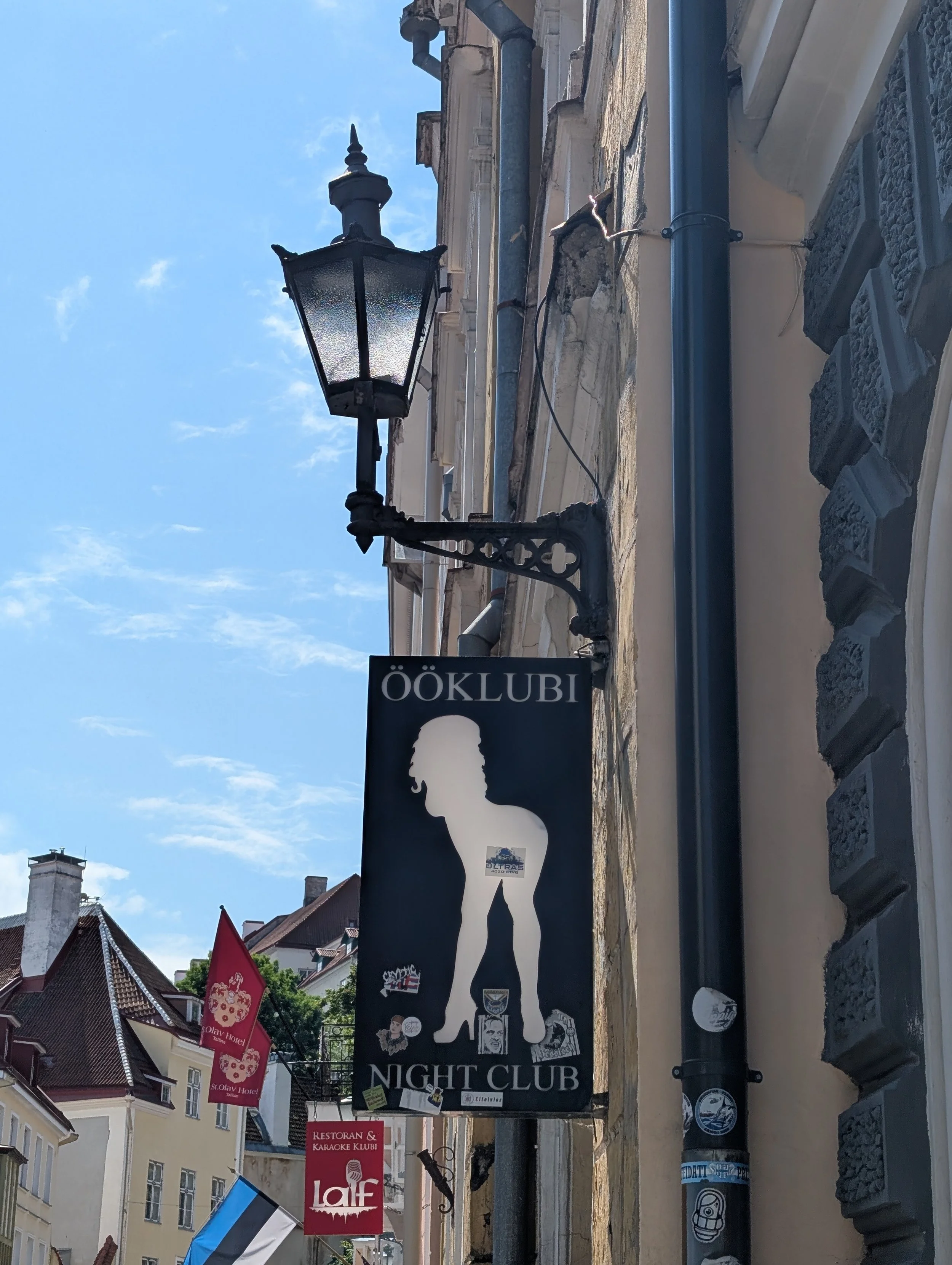 Street view with hanging signs for a night club, karaoke club, and restaurant, flags, and buildings in the background.