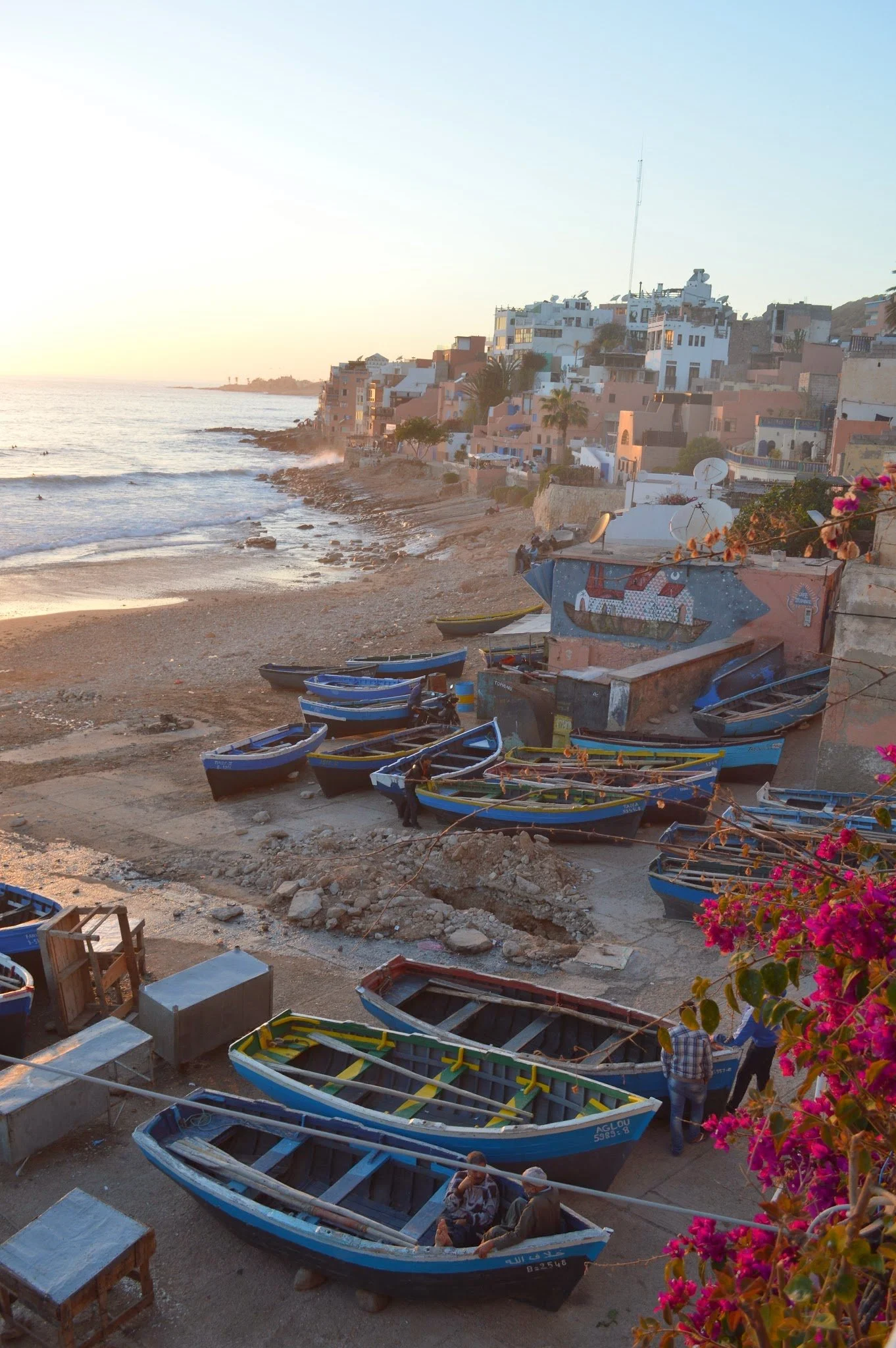 Boats lined up along a beach with colourful buildings on a hillside and pink flowers in the foreground, during sunset.