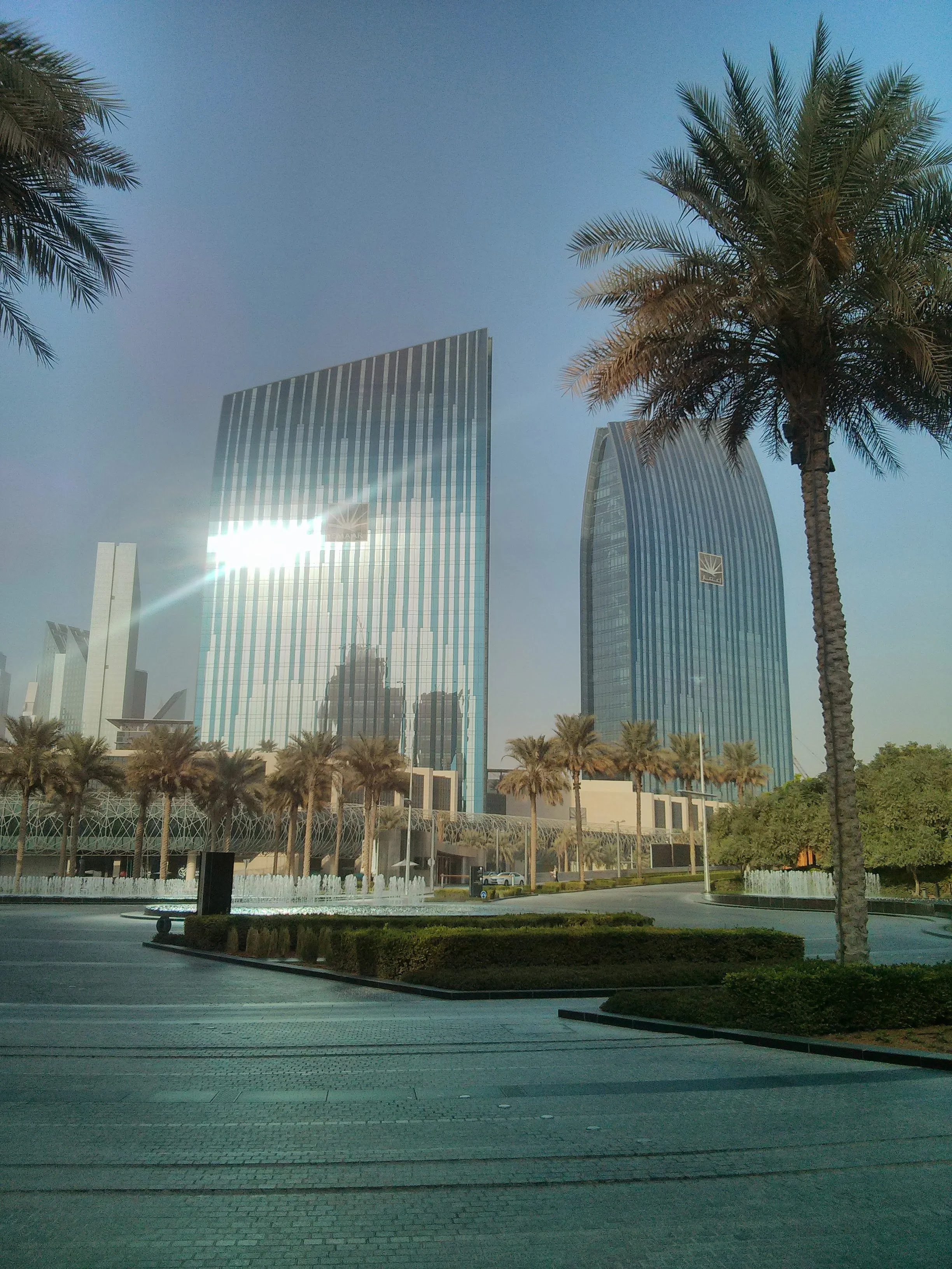 View of downtown Dubai with modern glass skyscrapers, palm trees, and a water fountain, under a clear blue sky.