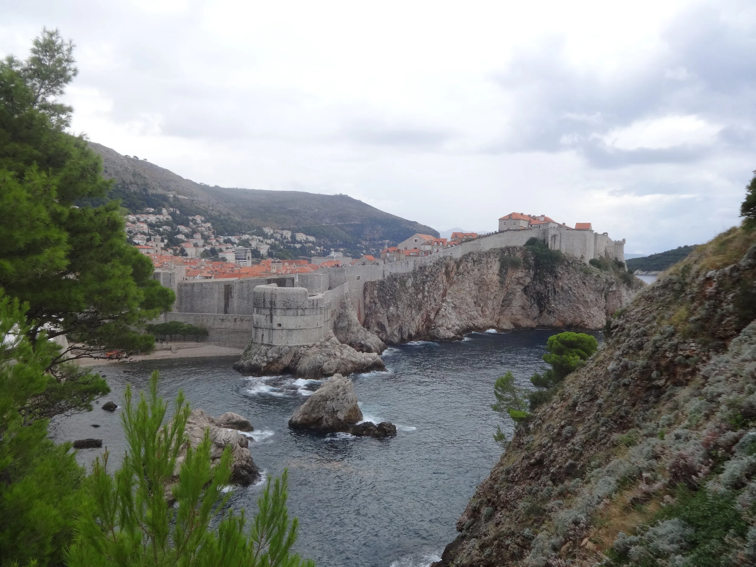 A historic coastal fortress with stone walls and towers situated on a rocky promontory overlooking a river or bay, with a hillside town in the background and a cloudy sky above.