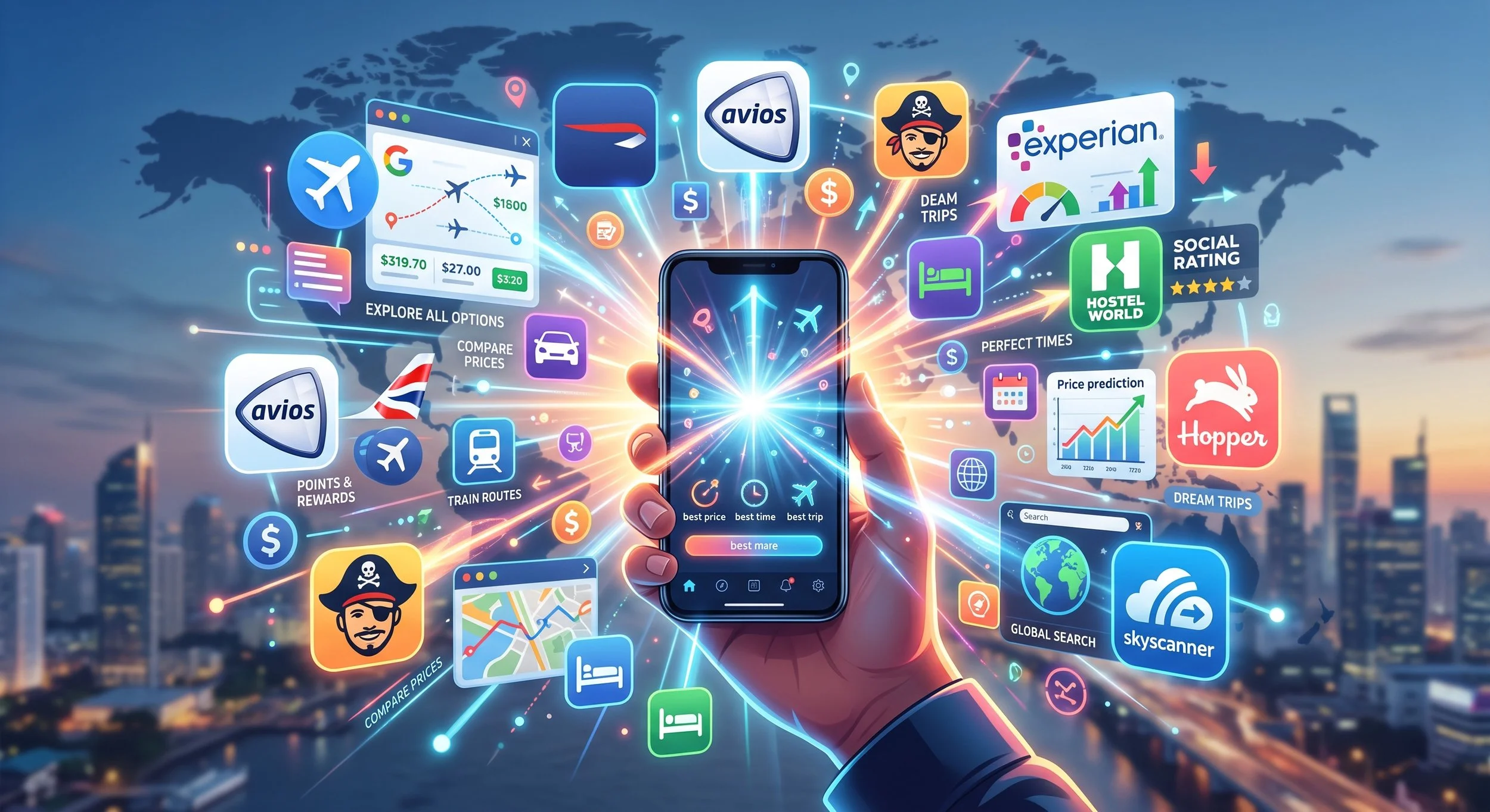 A digital illustration of a hand holding a smartphone with app icons and travel-related graphics floating around, over a city skyline at sunset. The icons include flight booking, hotel reservations, transportation, reviews, and points rewards, emphasizing travel planning and booking.