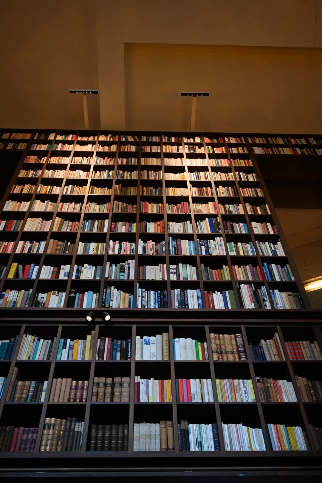 Large floor-to-ceiling bookshelf filled with various books in a modern library or bookstore.