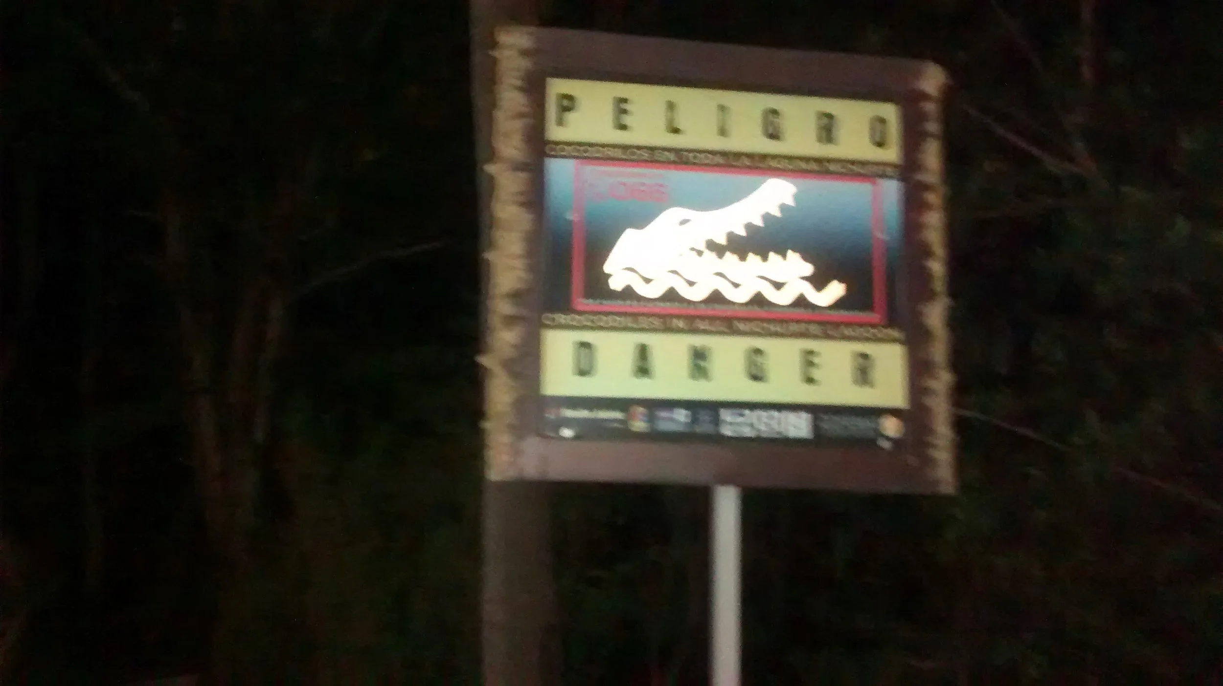 A sign with the word 'Peliger' at the top, a dinosaur logo in the center, and 'Danger' at the bottom, indicating a potentially hazardous area involving dinosaurs or a themed attraction.