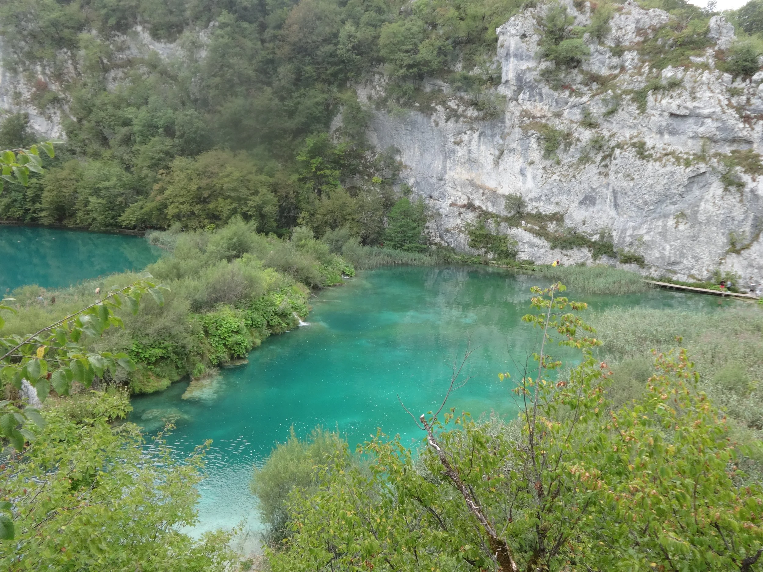 A scenic view of a turquoise river surrounded by lush green trees and rocky cliffs.