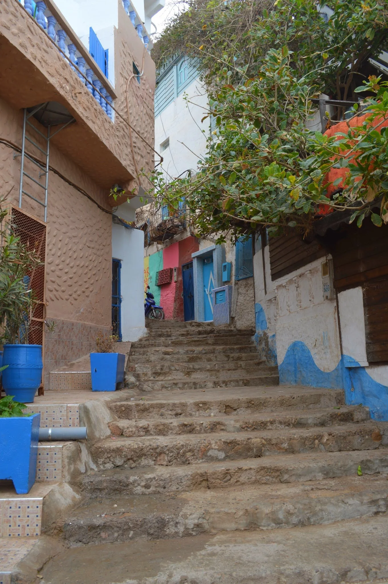 Urban alley with stone stairs, colorful painted walls, potted plants in blue containers, and trees overhanging.