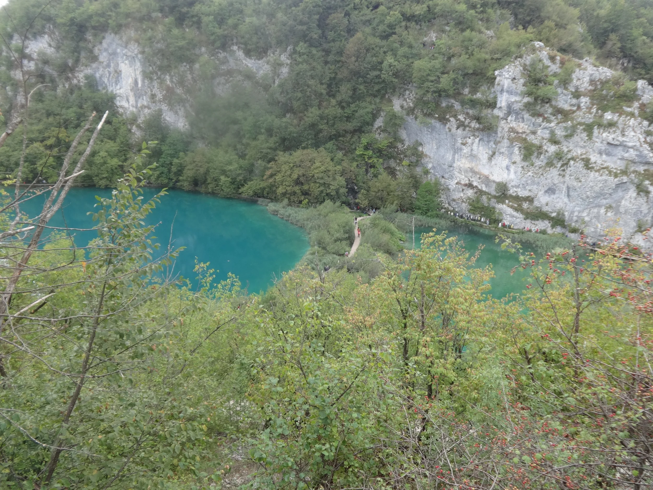 A scenic view of a river with turquoise water surrounded by green foliage and tall rocky cliffs.