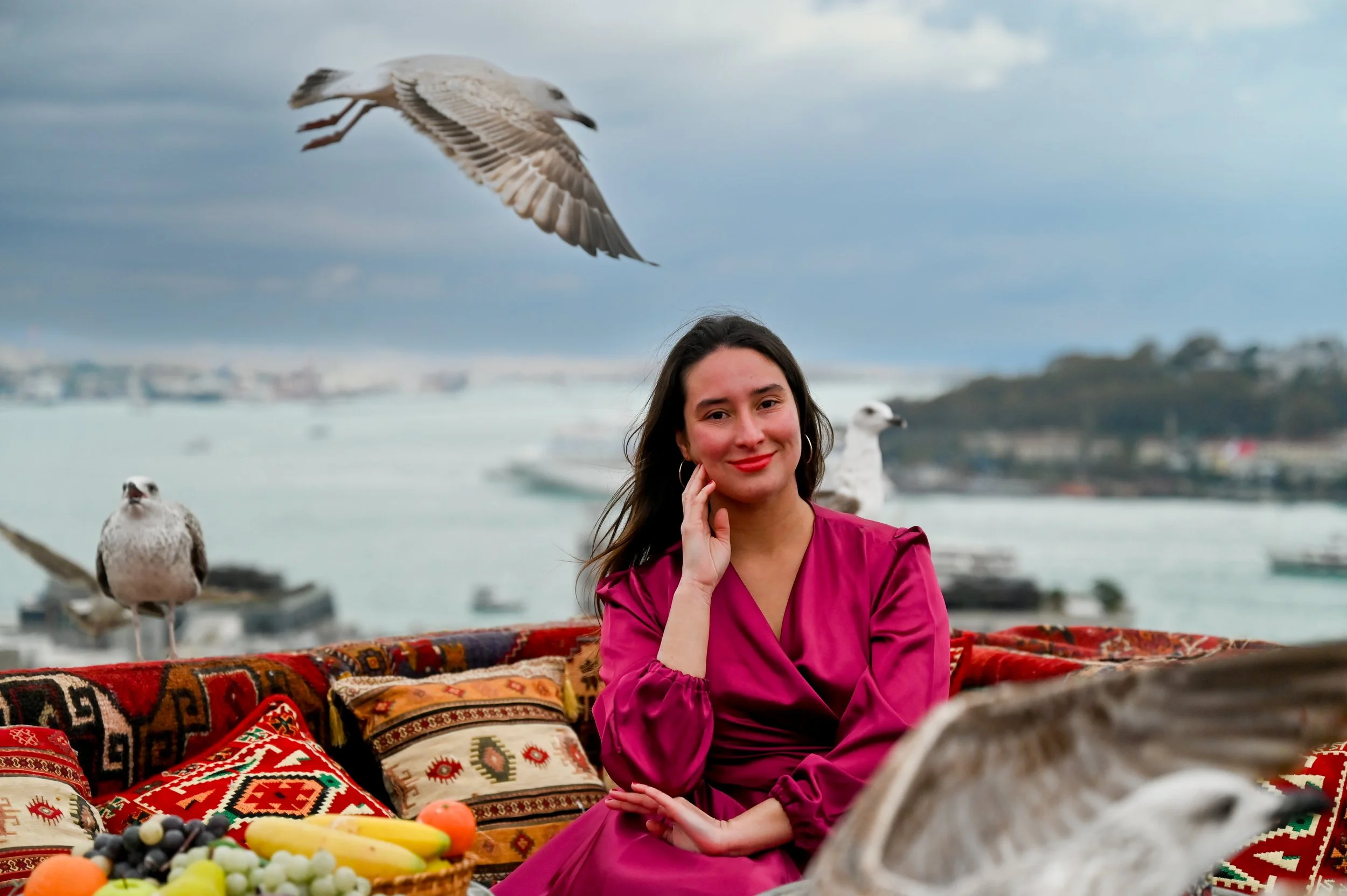 A woman in a pink dress sitting on a sofa with colorful patterned pillows, outdoors by a river, with seagulls flying and standing nearby, and a mountain in the background.