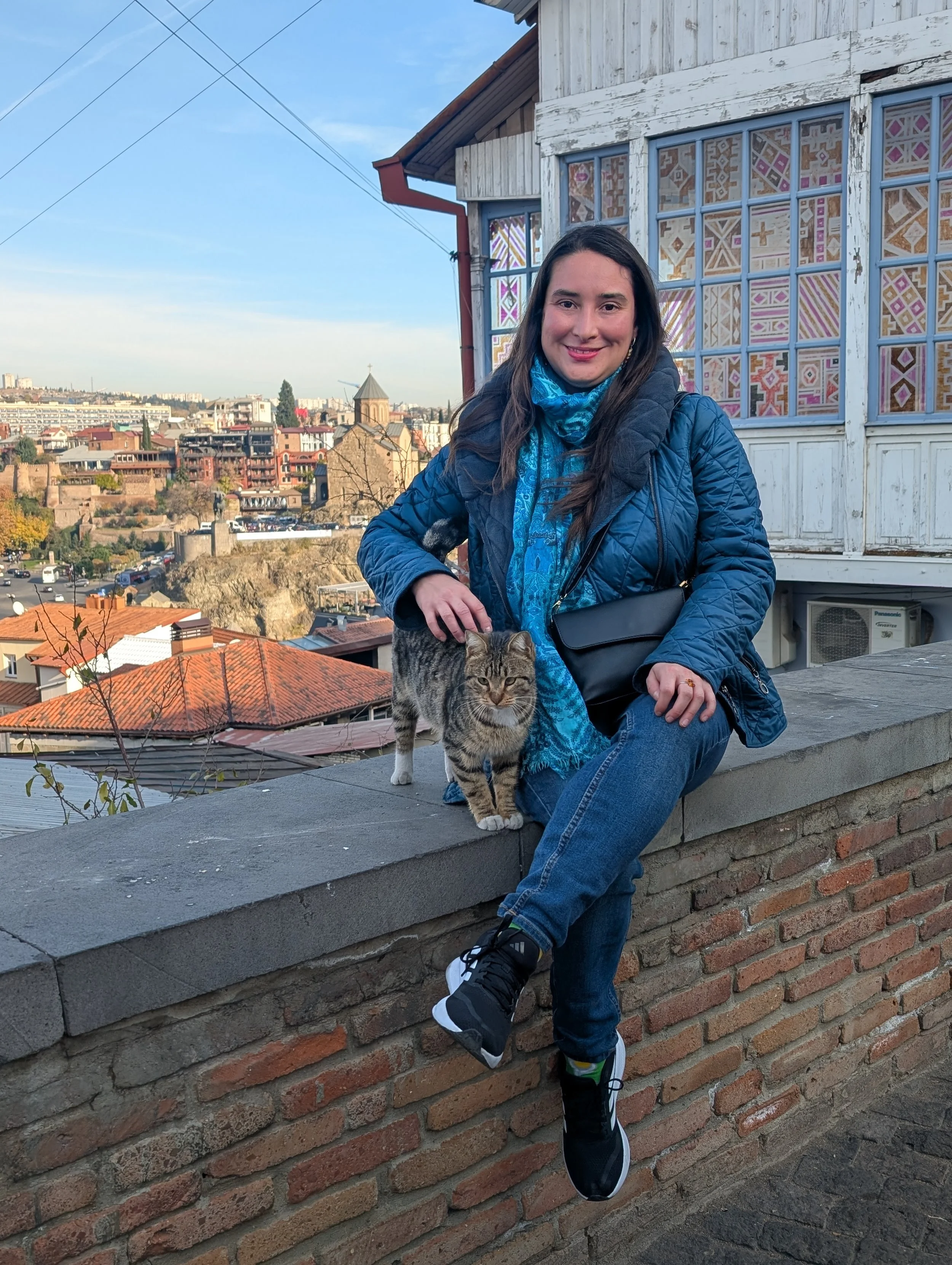 A woman sitting on a brick wall with a cityscape in the background, holding a tabby cat, wearing a blue jacket and a blue scarf outdoors on a clear day.