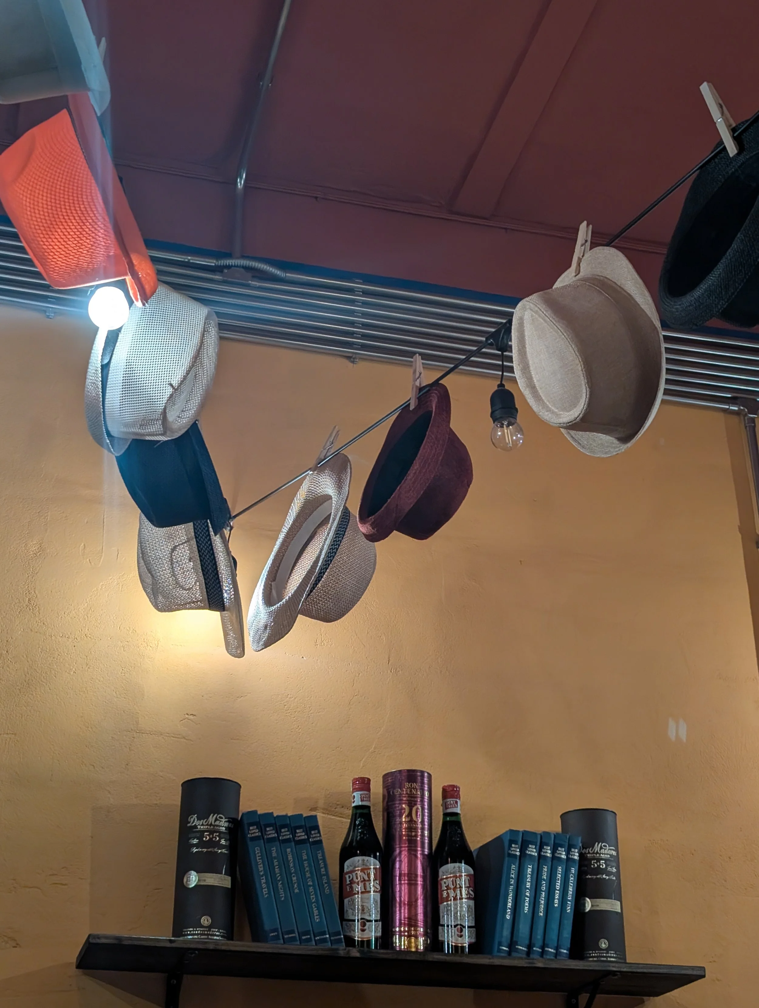 Shelf with books, bottles of alcohol, and decorative hats hanging on a wire above the shelf. A spotlight illuminates the items, and a brown wall is in the background.