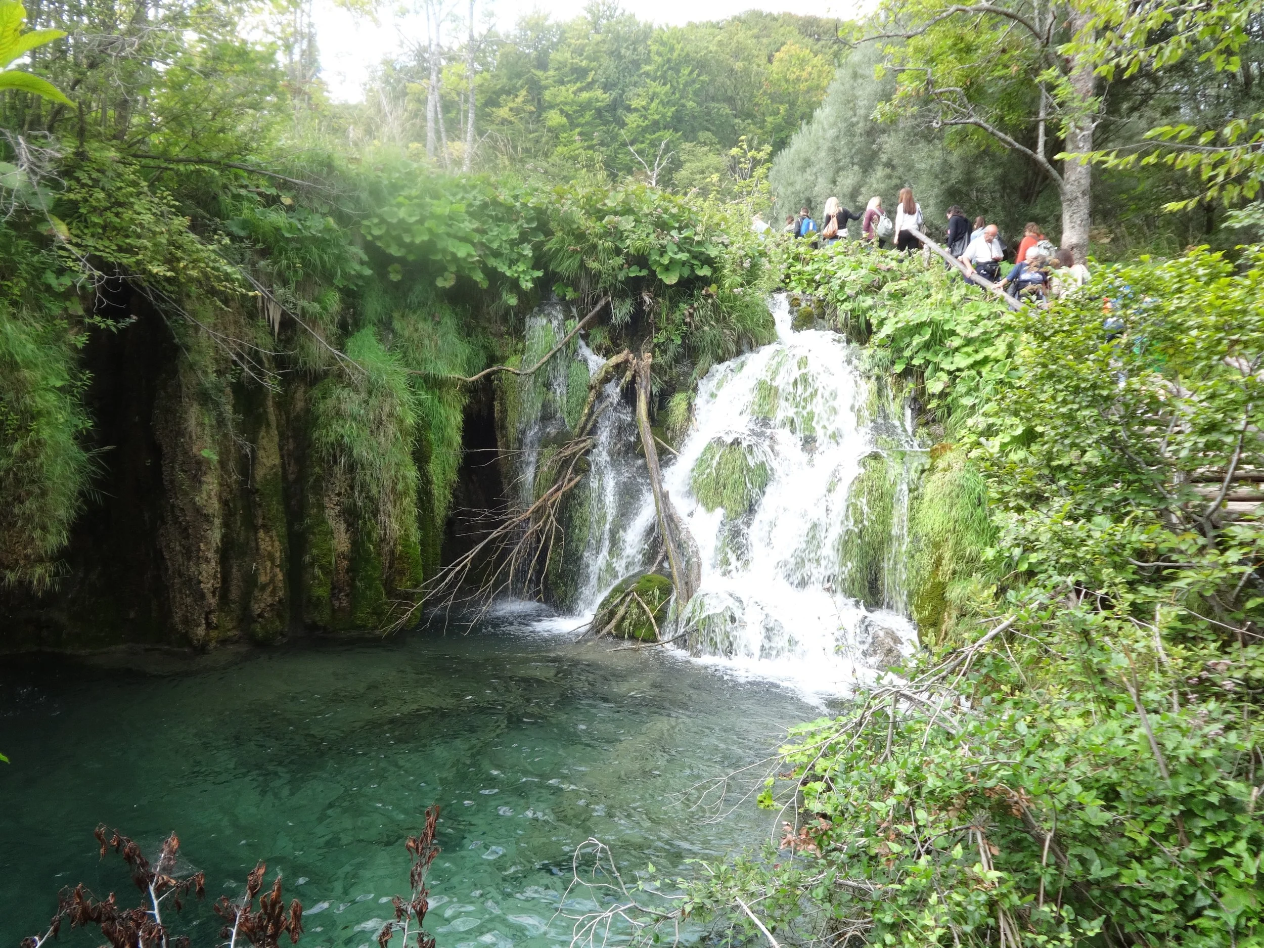 People walking on a trail alongside a waterfall in a green forest.