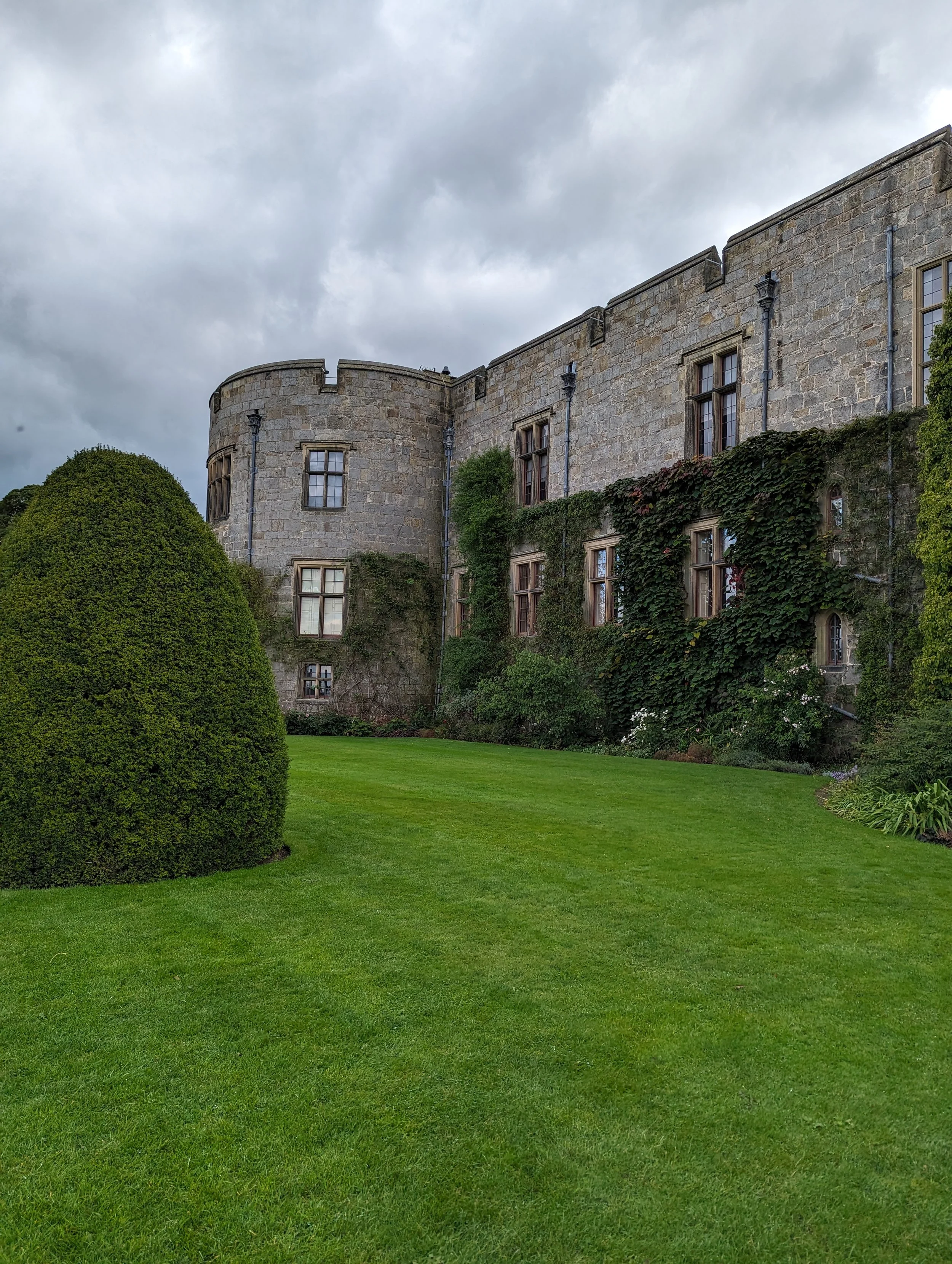 An old stone castle with multiple windows covered in climbing ivy, surrounded by a well-maintained green lawn and a cloudy sky.