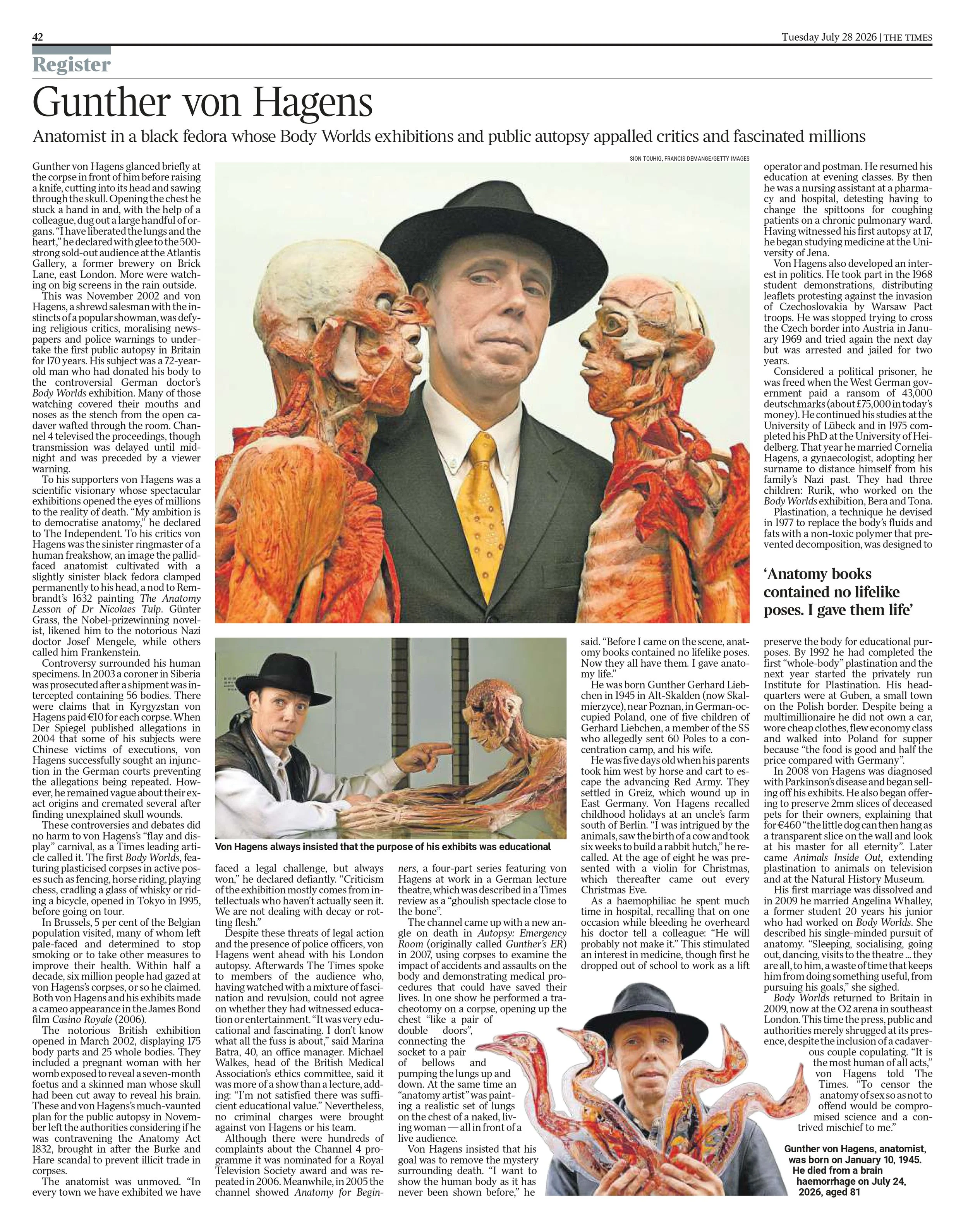 Gunther von Hagens, The Times July 28 2026