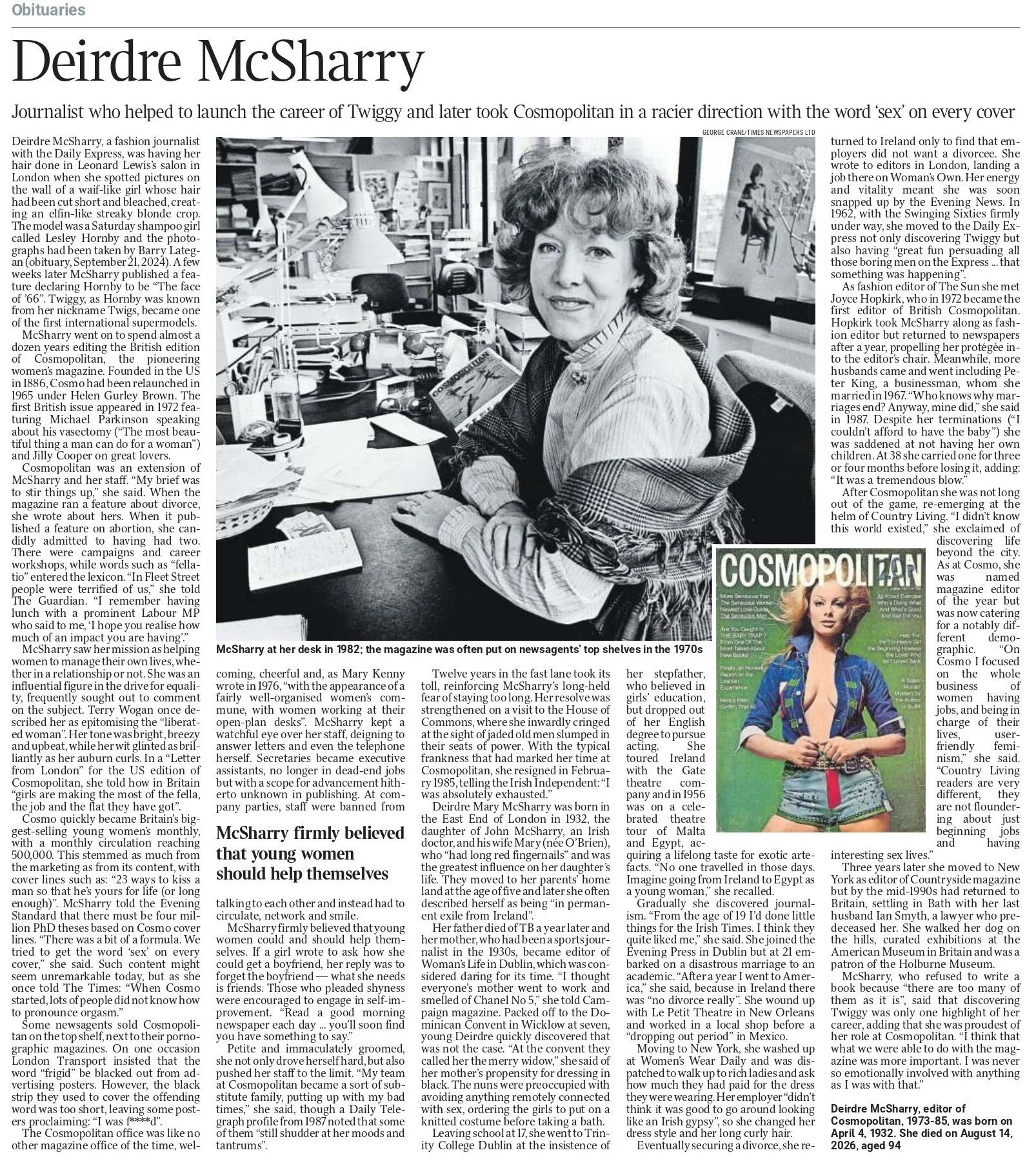 Deirdre McSharry obituary, The Times Sept 8 2026
