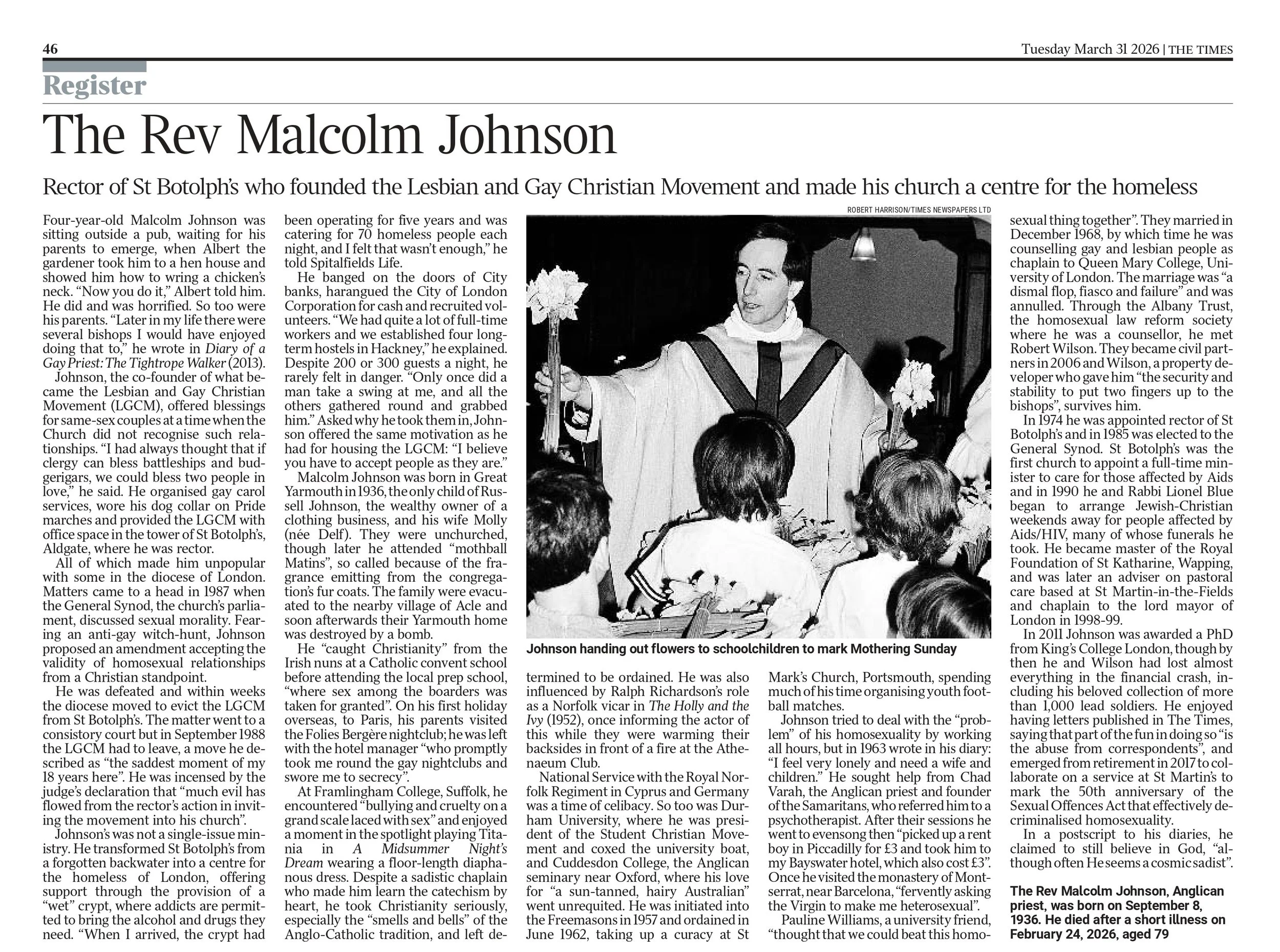 Rev Malcolm Johnson, The Times, Mar 31 2026