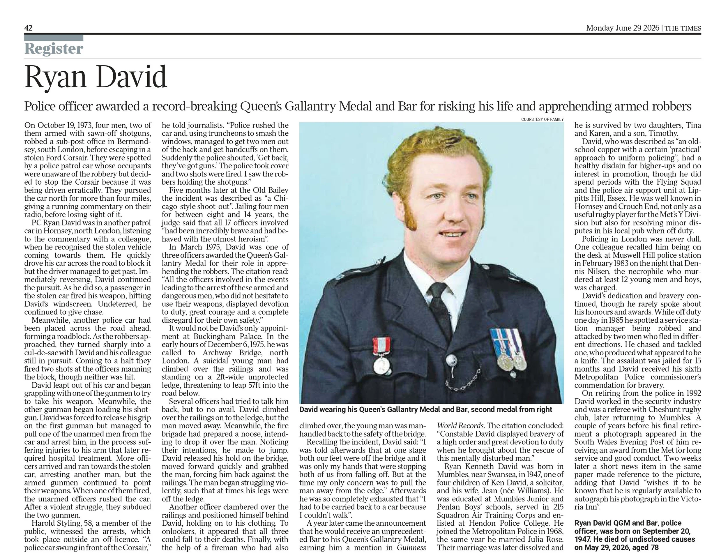 Ryan David, The Times, June 29 2026