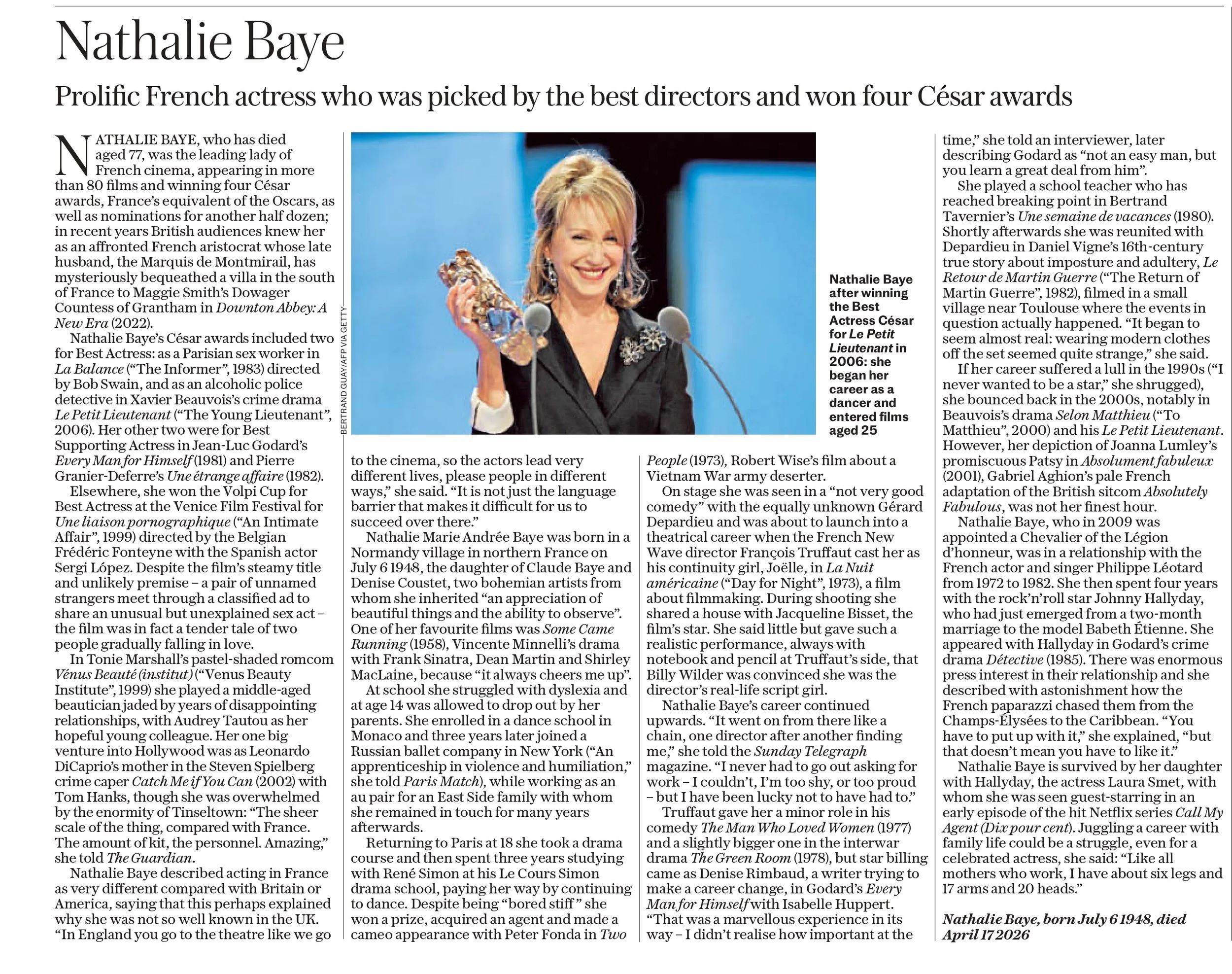 Nathalie Baye, Telegraph, April 20 2026