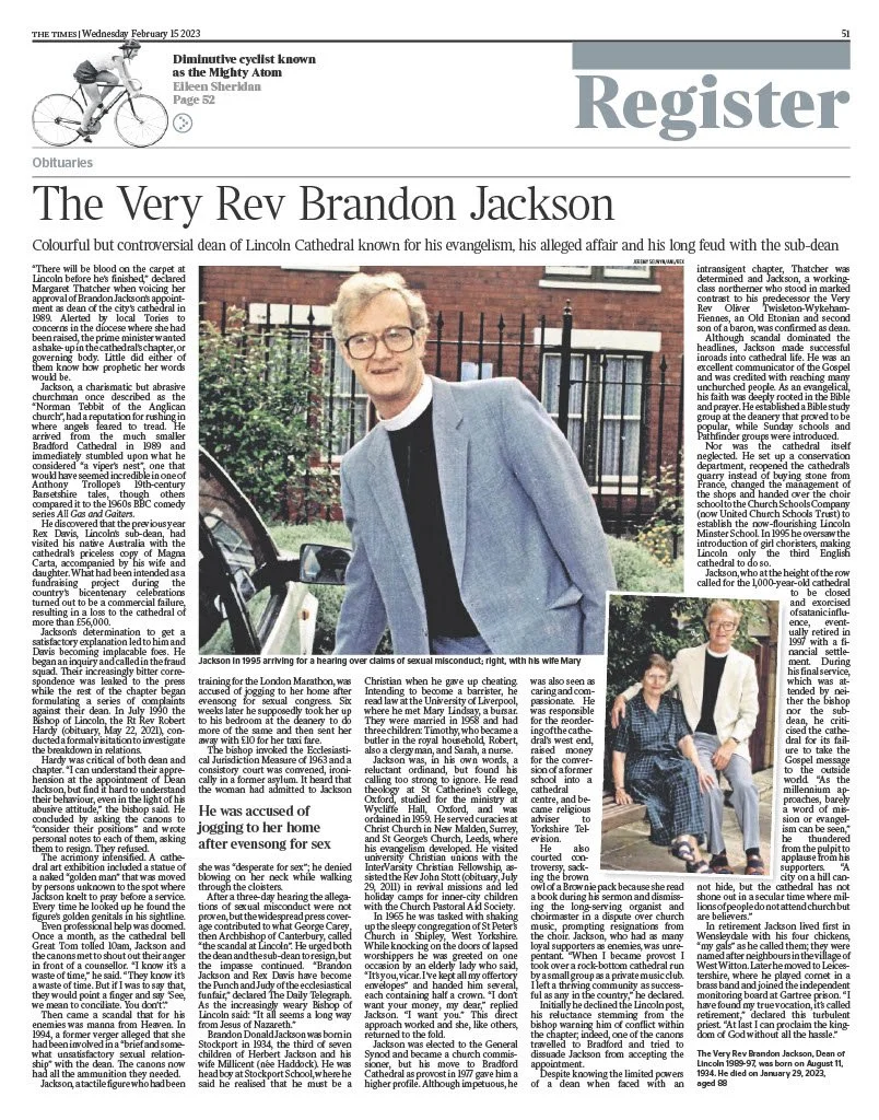 The Very Rev Brandon Jackson, The Times, Feb 15 2023