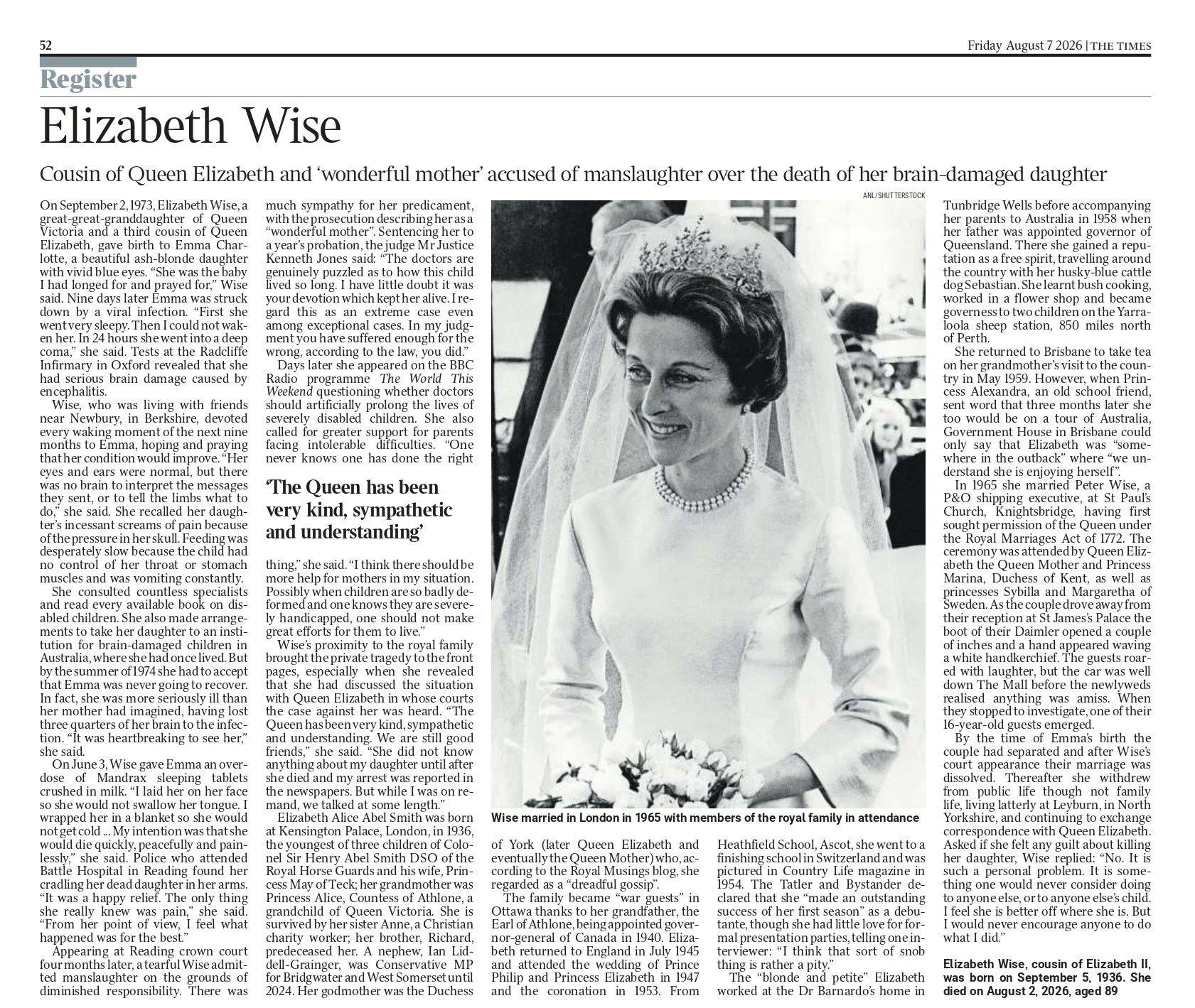 Elizabeth Wise, The Times, Aug 7 2026