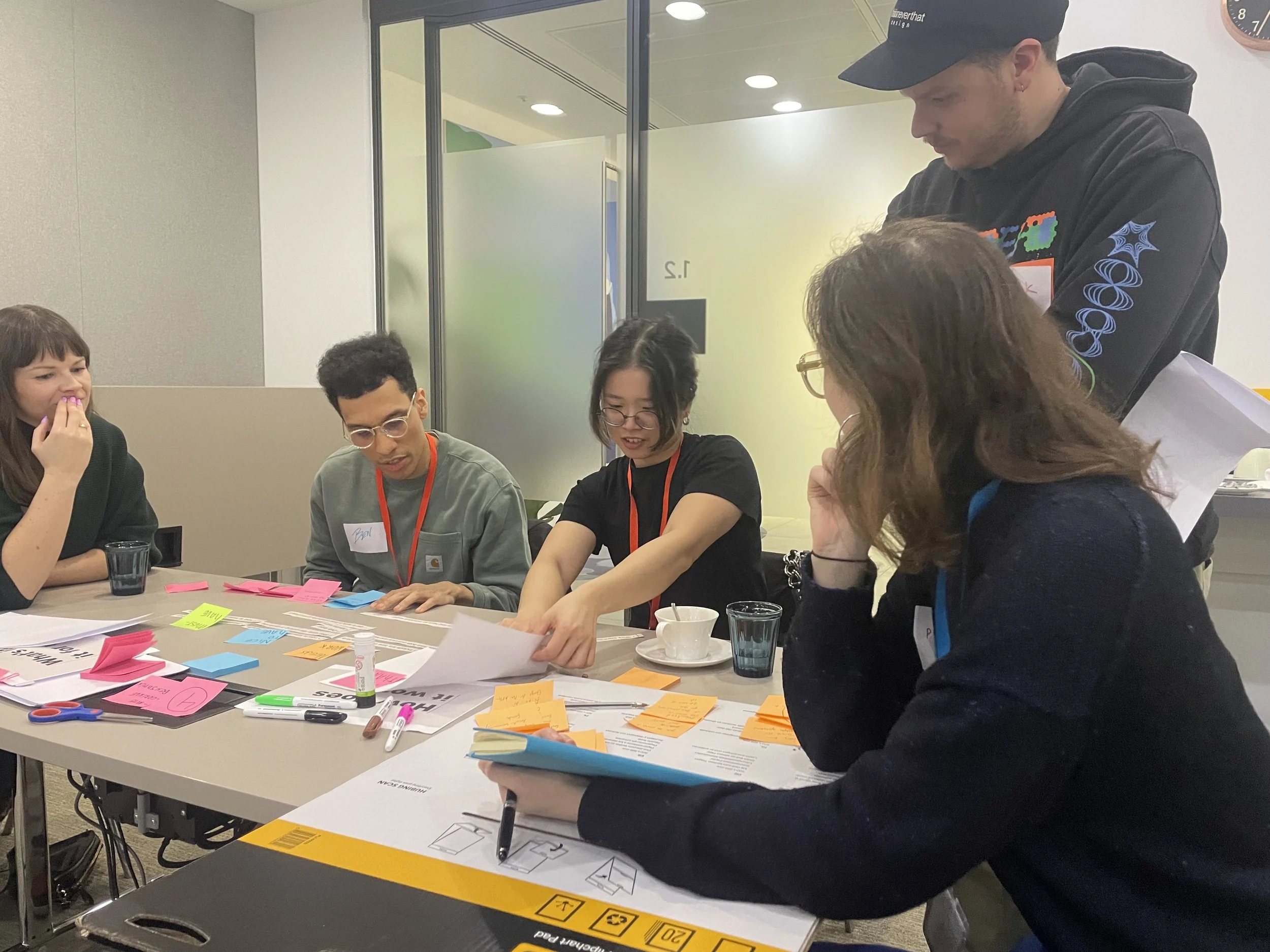 Group of people collaborating at a workshop table with sticky notes, worksheets, markers, and coffee.