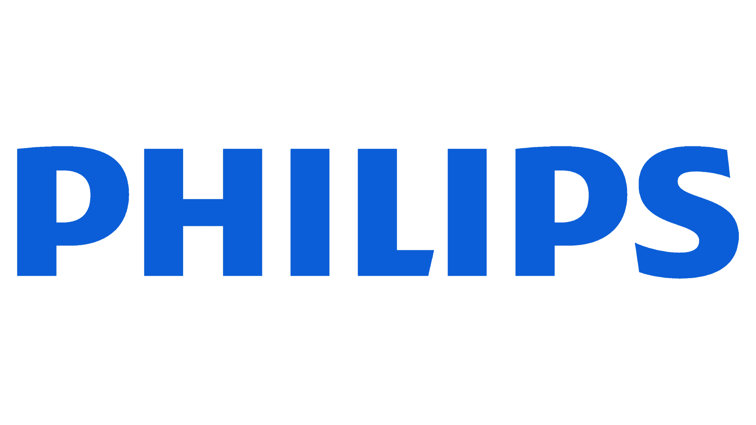 Blue uppercase text reading “PHILIPS” on a black background