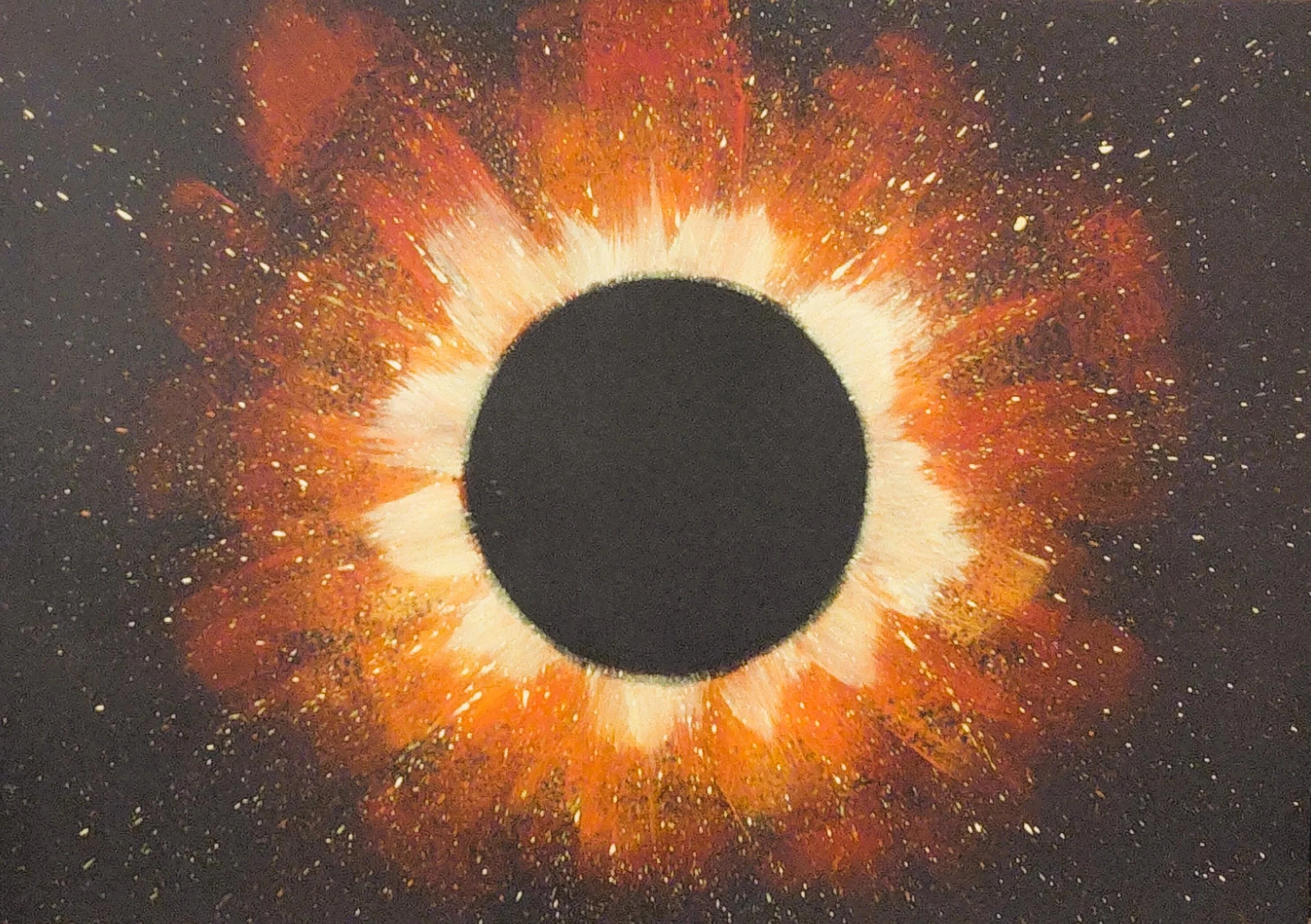 Fiery abstract solar eclipse art, original painting featuring an intense orange and red burst surrounding a solid dark circle on a dark canvas background.