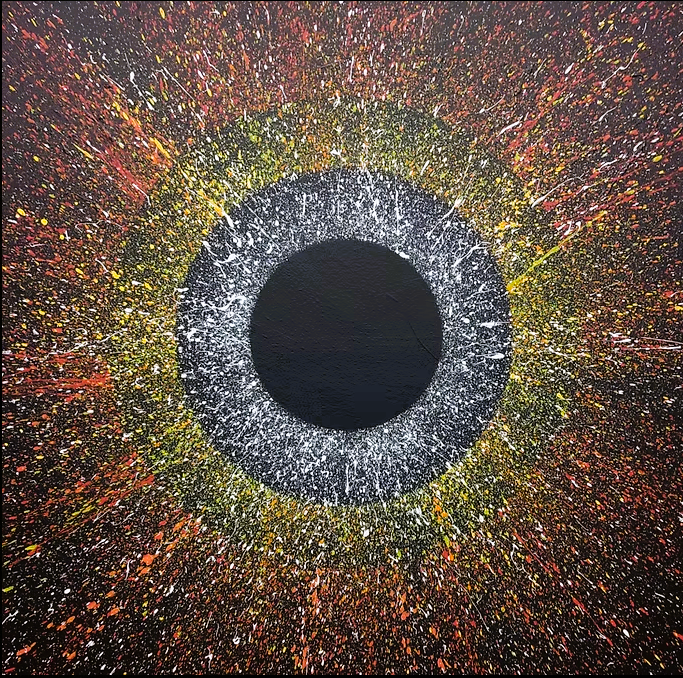 Original abstract painting for sale, featuring a central black circle surrounded by concentric rings of dense white, yellow, and red splatter art radiating outwards across a dark canvas background.