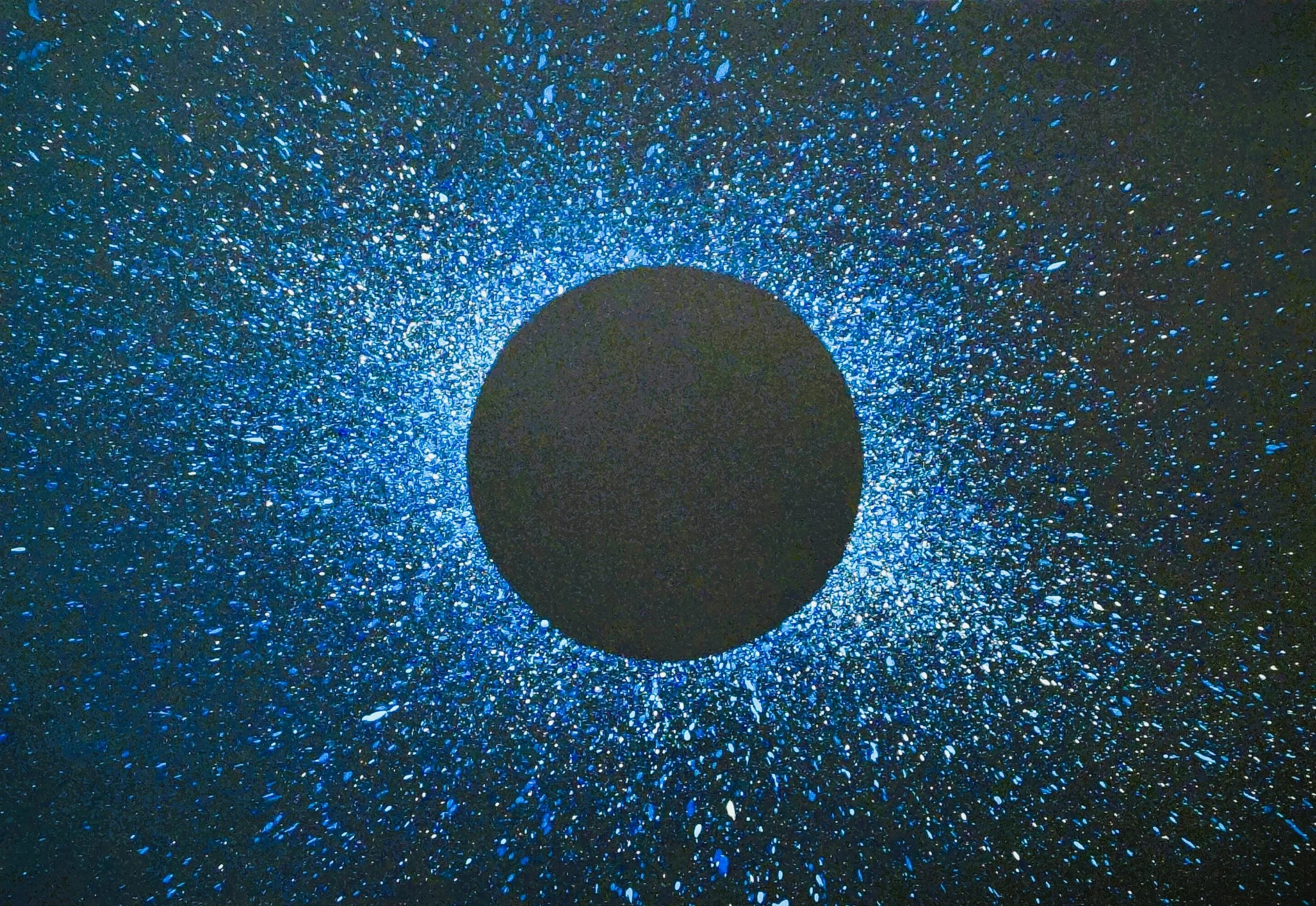 Original abstract painting for sale, depicting a matte black central circle surrounded by a luminous burst of electric blue, sky blue, and white paint splatter against a dark canvas, evoking a blue star or cosmic aura.