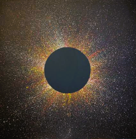 Original abstract painting for sale, depicting a sleek black central sphere encircled by a dense, glowing halo of gold, yellow, and red paint splatters fading into a soft mist of white specks on a dark canvas.