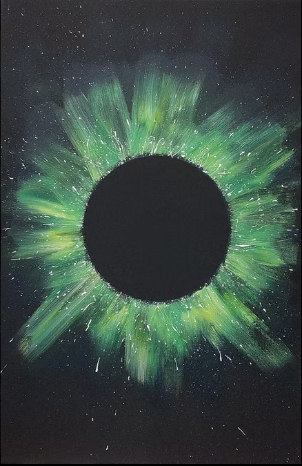 Contemporary abstract art piece titled Void Green, showcasing a dark central sphere enveloped by a dramatic, brush-textured halo of radiant green hues and fine white paint specks resembling an aurora or cosmic eclipse.