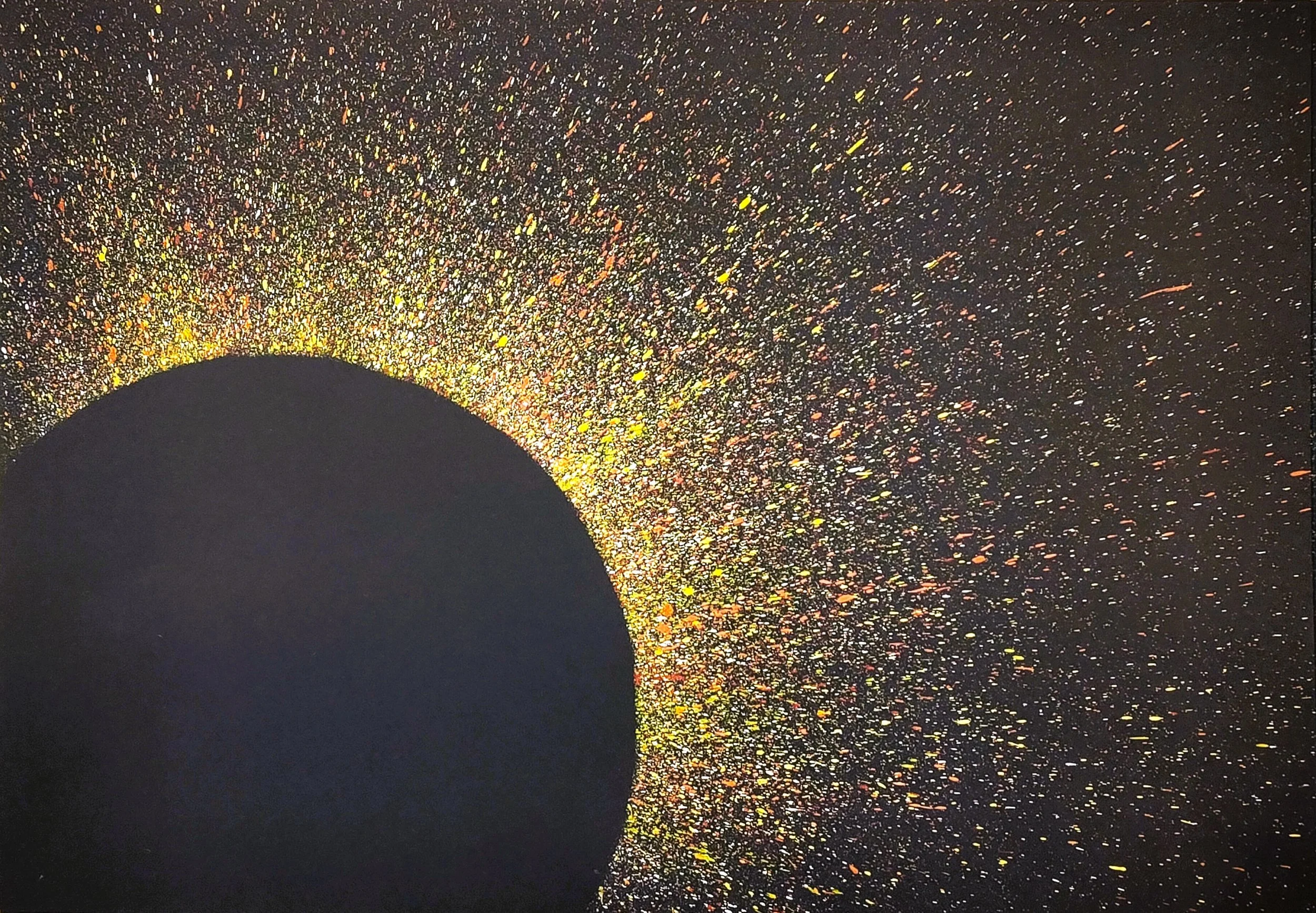 Original abstract painting for sale, depicting a large black sphere rising from the bottom-left corner, surrounded by a luminous solar burst of spattered gold, warm yellow, orange, and white paint against a dark canvas.