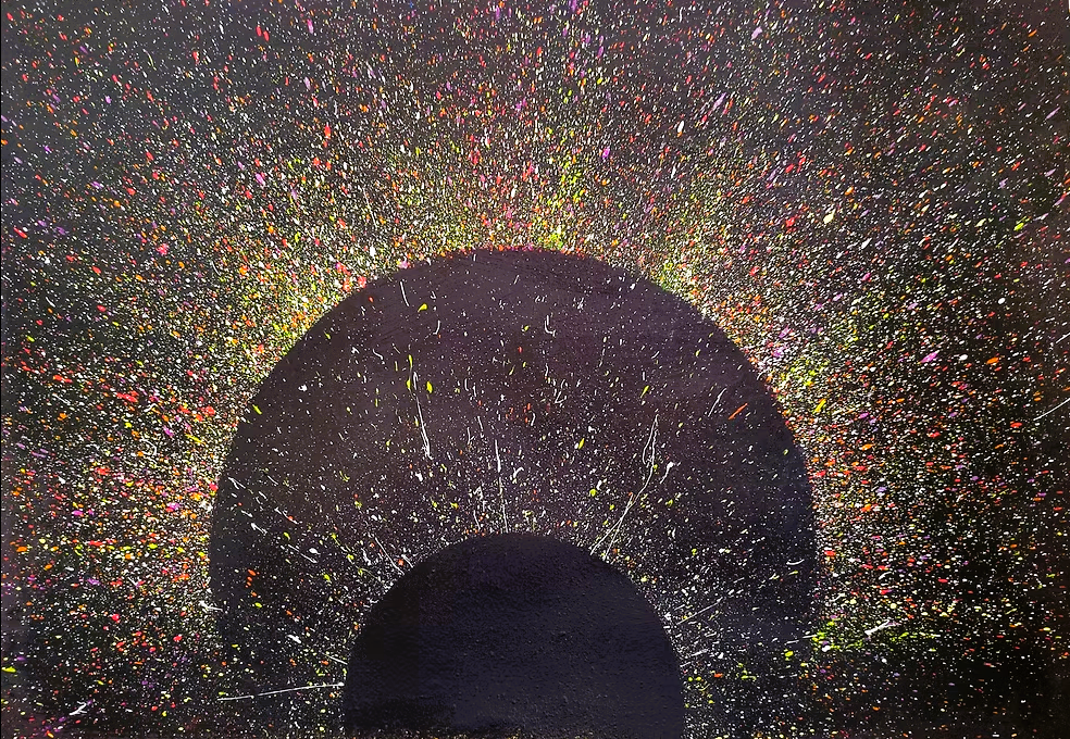 Contemporary fine art piece depicting dual black planetary curves rising from the base, set against a dense, fireworks-like array of neon pink, yellow, and white paint droplets.