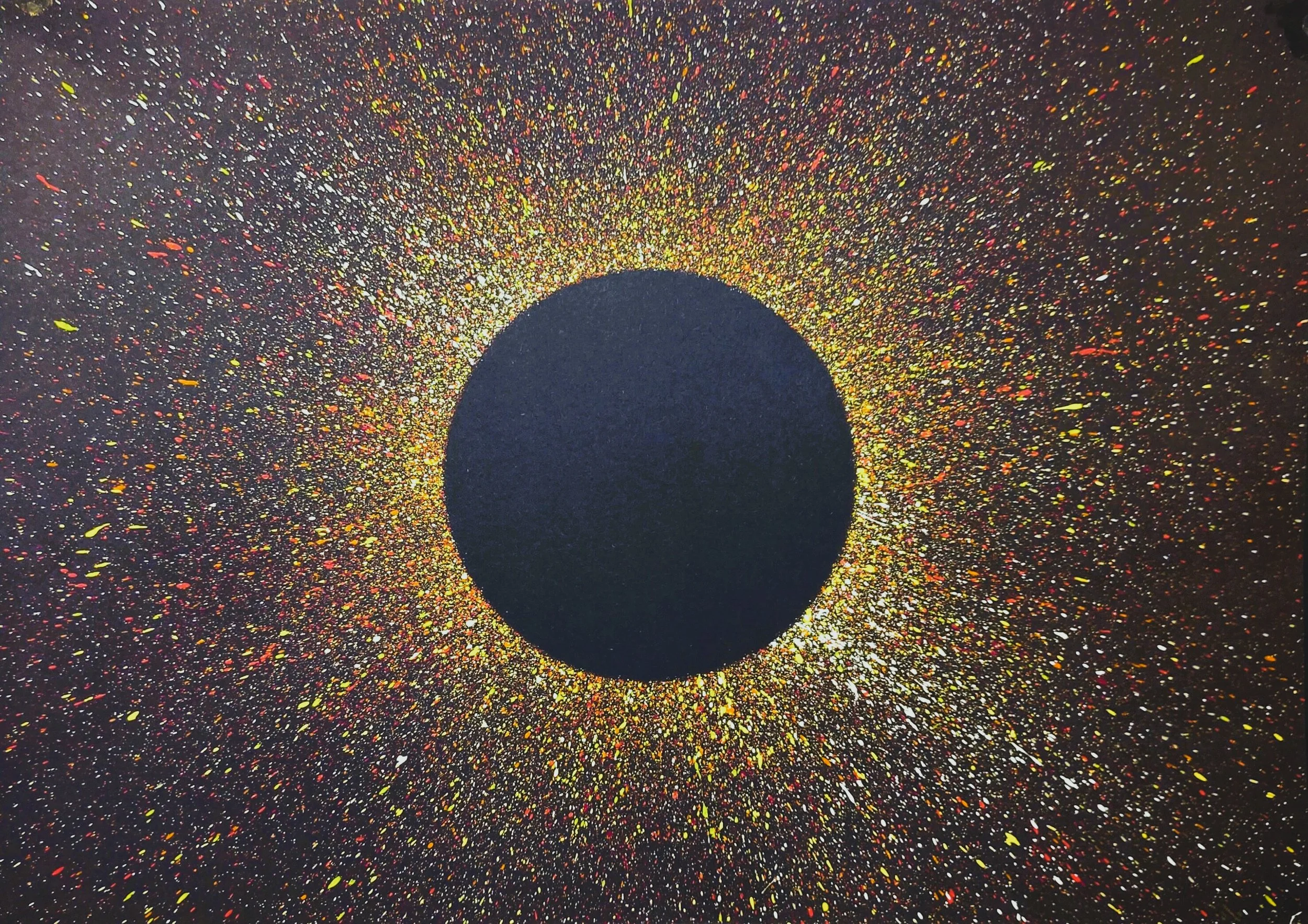 Abstract celestial painting for sale, featuring a solid black central circle surrounded by a radiant burst of gold, orange, red, and white paint splatter on a black background, evoking a solar eclipse.