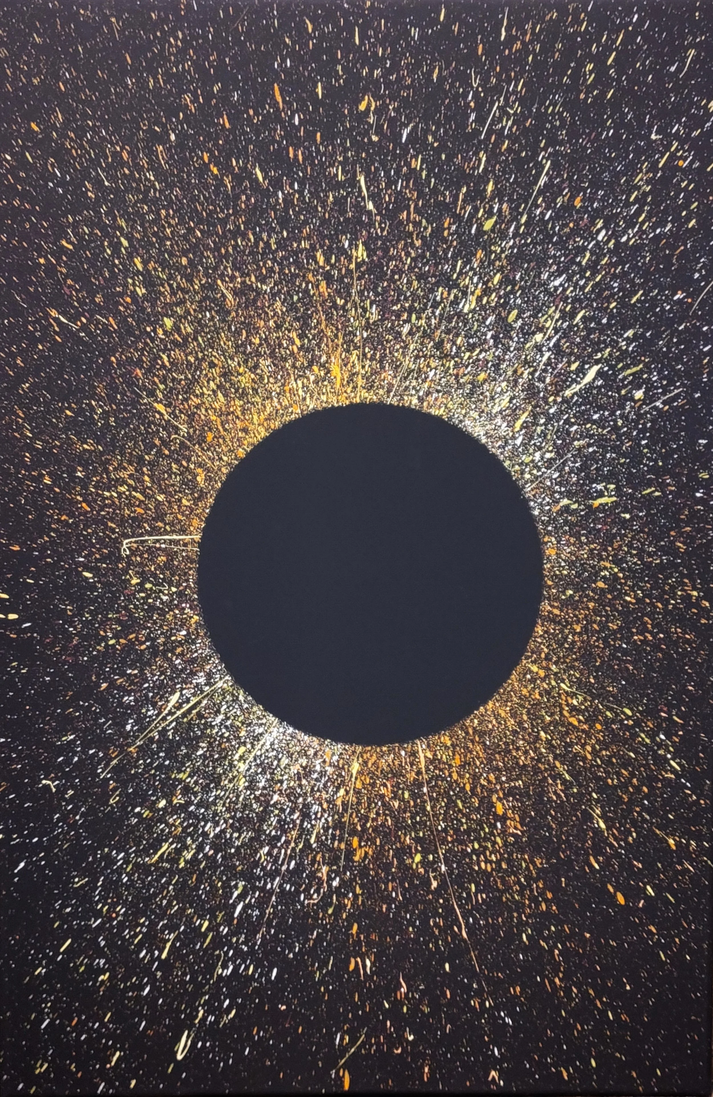 Contemporary fine art piece depicting a solid central sphere encased in a dense, fiery halo of yellow-gold, amber, and silver-white paint flecks and delicate drips bursting into dark space.