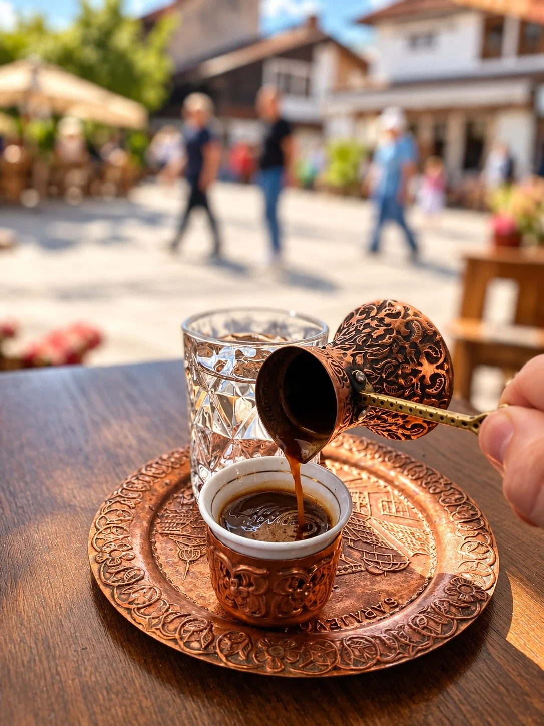   Traditional Bosnian kafa being poured from a copper pot in Sarajevo 