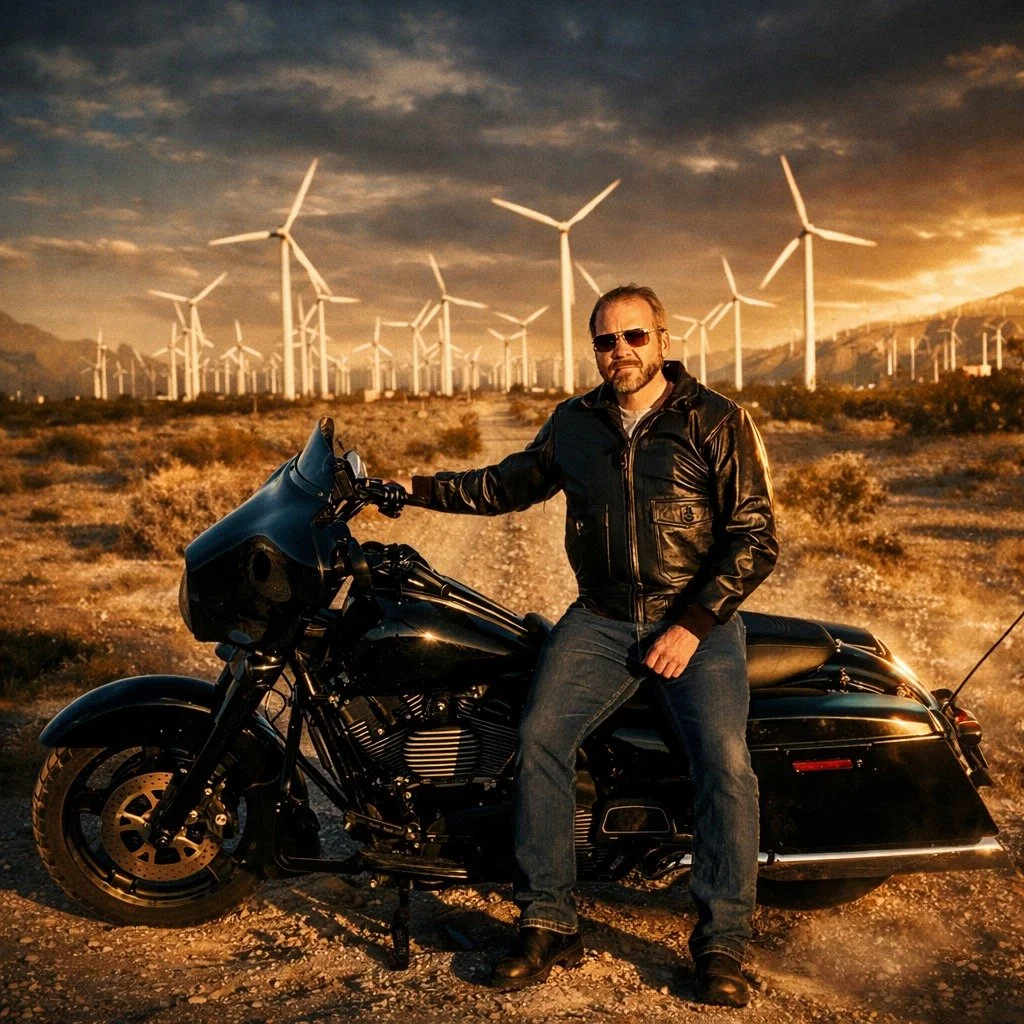 Tucker Axum with a Harley-Davidson motorcycle in Palm Springs, California