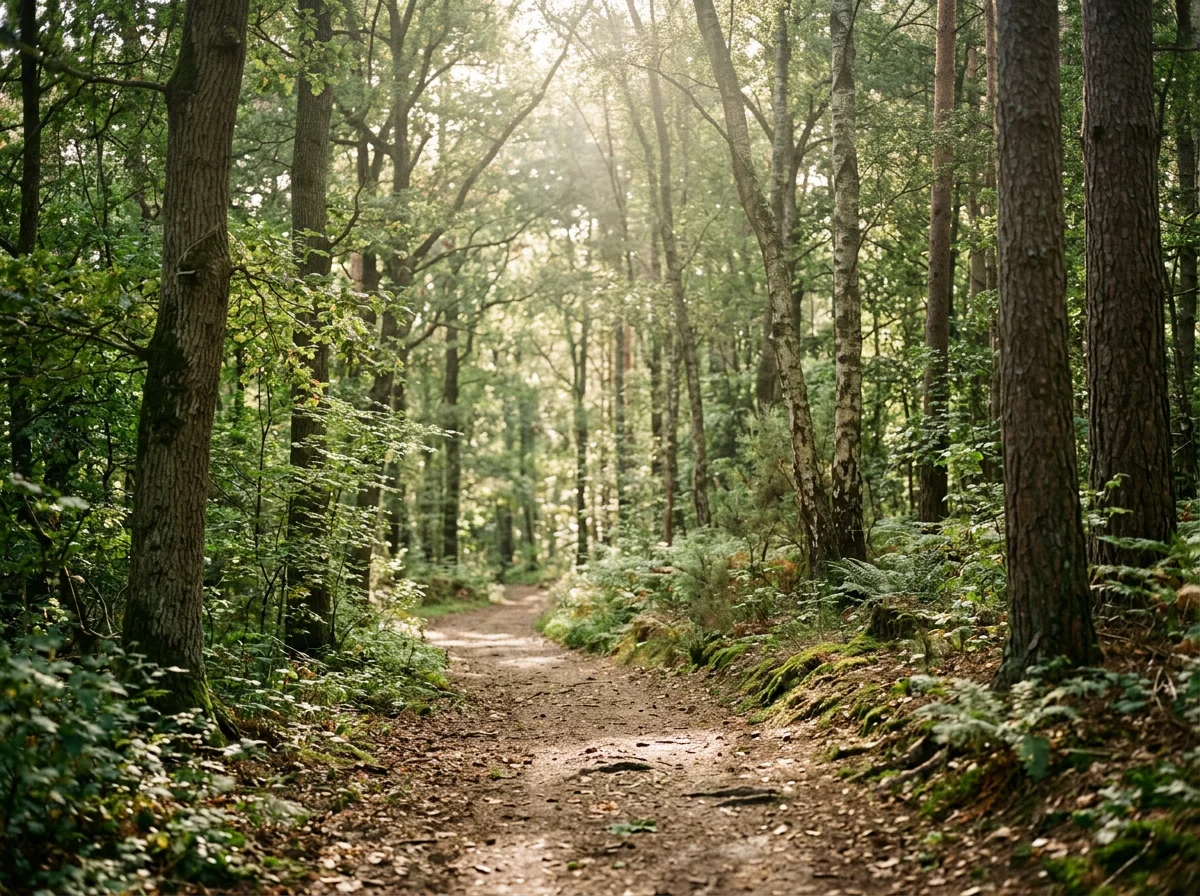 Sunlight filtering through tall trees along a dirt forest trail with lush green foliage and moss-covered ground.
