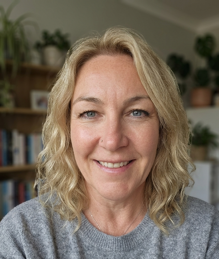 Close-up of a smiling woman with wavy blonde hair, blue eyes, and a nose piercing, wearing a gray sweater, in a room with a bookshelf and houseplants in the background.