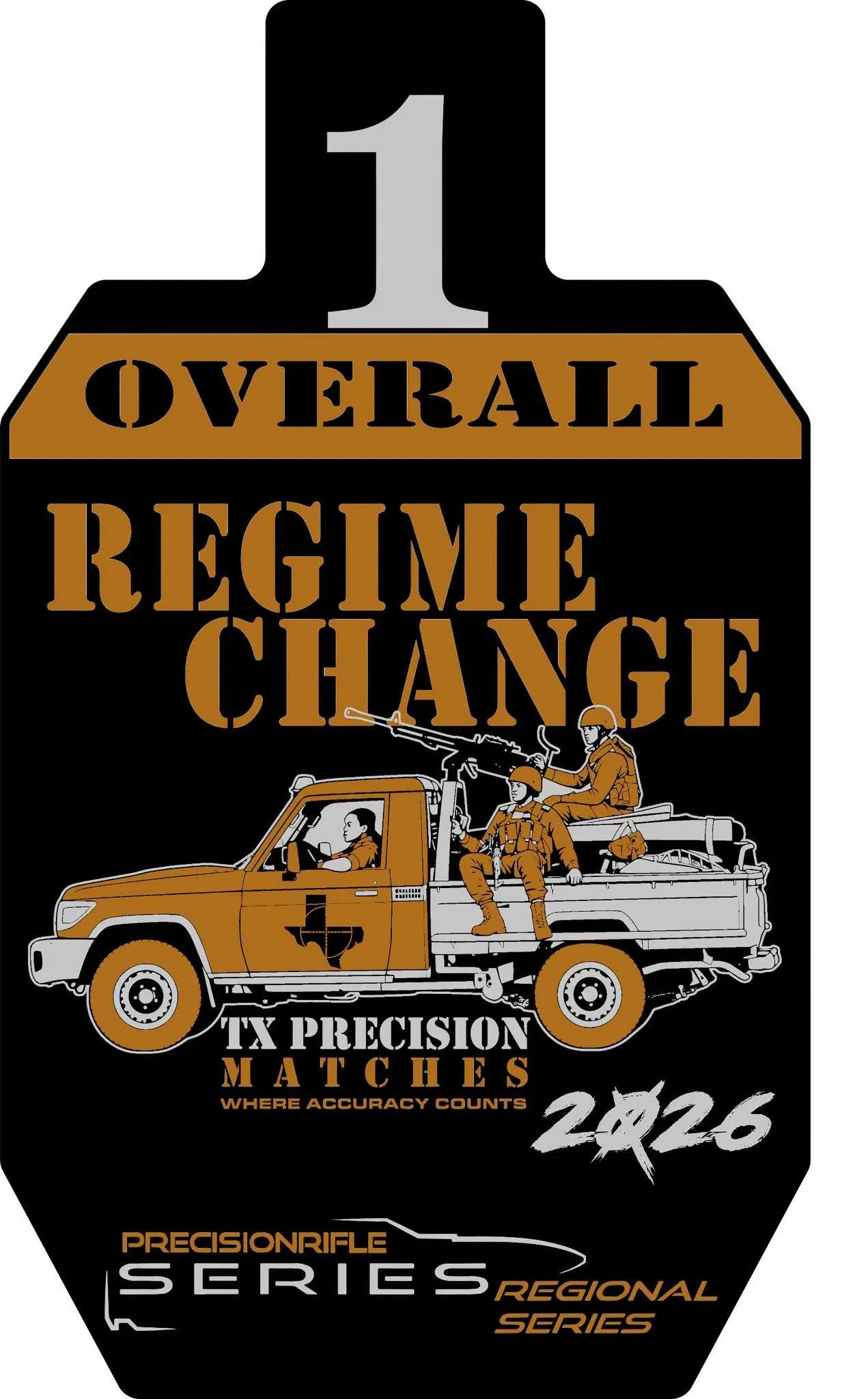 A promotional poster for the Overall Regime Change Match, featuring a graphic of a military truck with soldiers and armed personnel, with text indicating it is part of the Precision Rifle Series, Regional Series, and scheduled for 2026.
