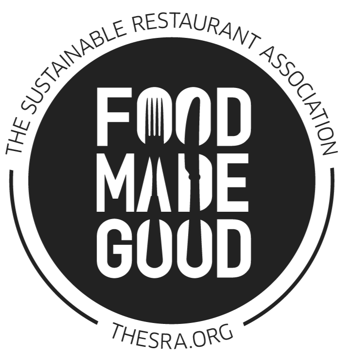 Circular logo with the words "Food Made Good" in the center, featuring a fork and knife, and the text "The Sustainable Restaurant Association" around the top and "THSRA.ORG" around the bottom.