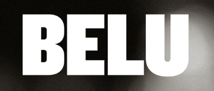 Bold white text on a black background spelling 'BELU'