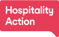 Graphic with pink background and white text that reads 'Hospitality Action' with a speech bubble shape