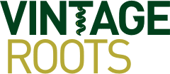 Vintage Roots logo with the words 'VINTAGE' in green and 'ROOTS' in gold, with a small vine symbol between the words.