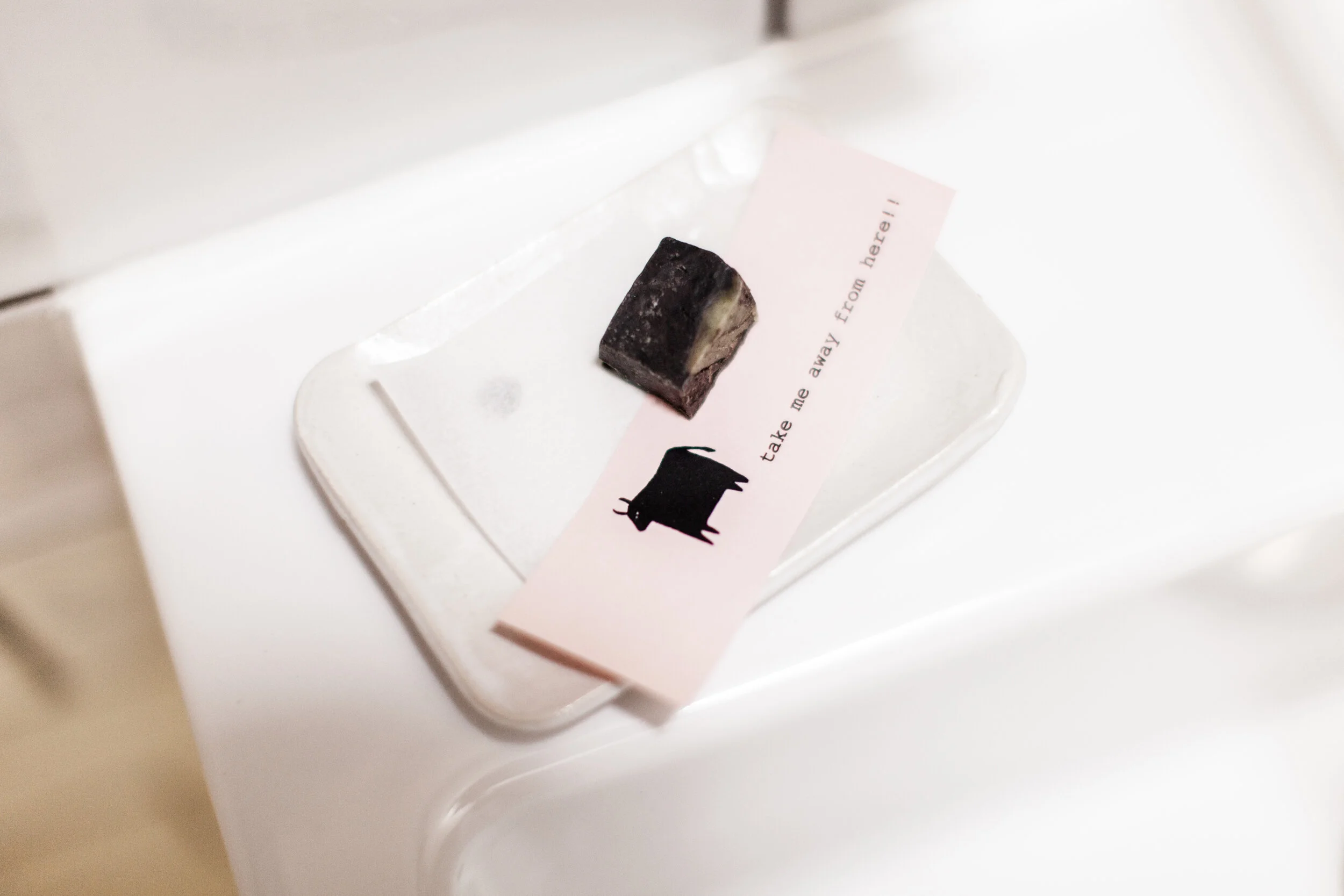 A small black and cream-colored candy on a white tray with a pink note that says "take me away from here!" and a silhouette of a cat.