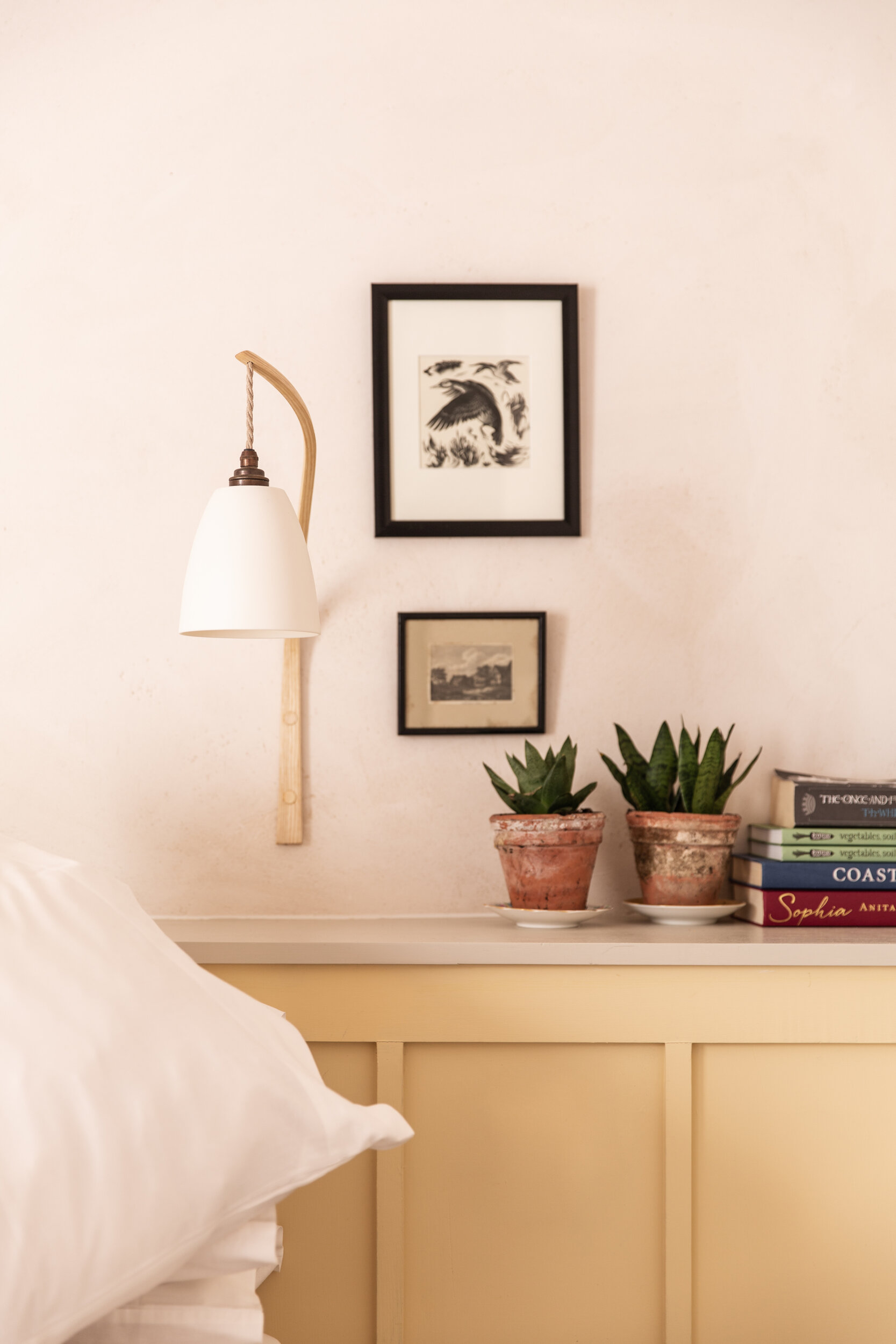 A cozy bedroom corner with a white wall featuring two framed pictures, a wooden wall-mounted lamp, two potted plants, a stack of books, and a white bed with a pillow in the foreground.