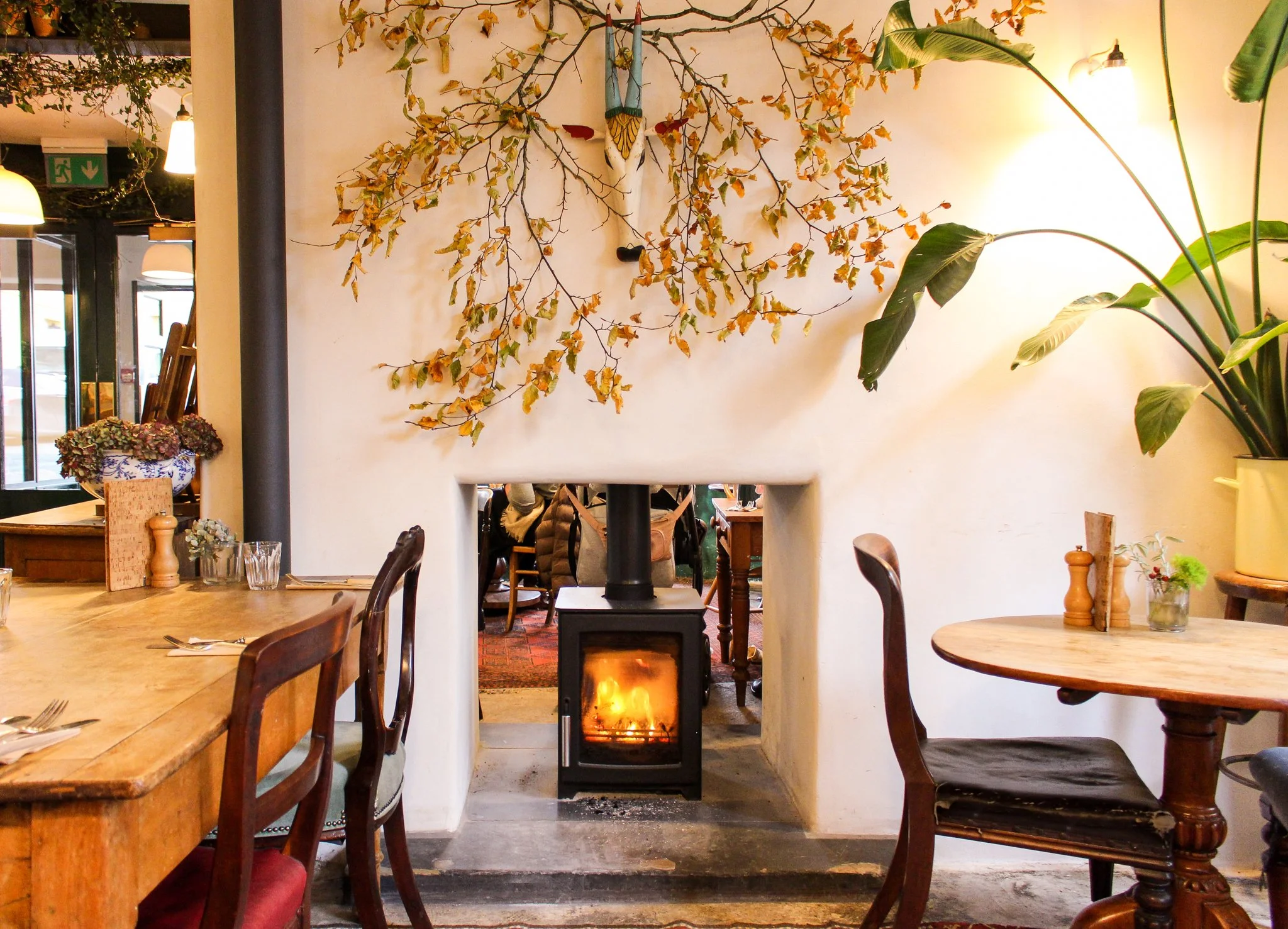 Inside a cozy restaurant with wooden tables and chairs, a fireplace with a chimney, surrounded by plants and autumn decorations, warm lighting, and a large doorway visible in the background.