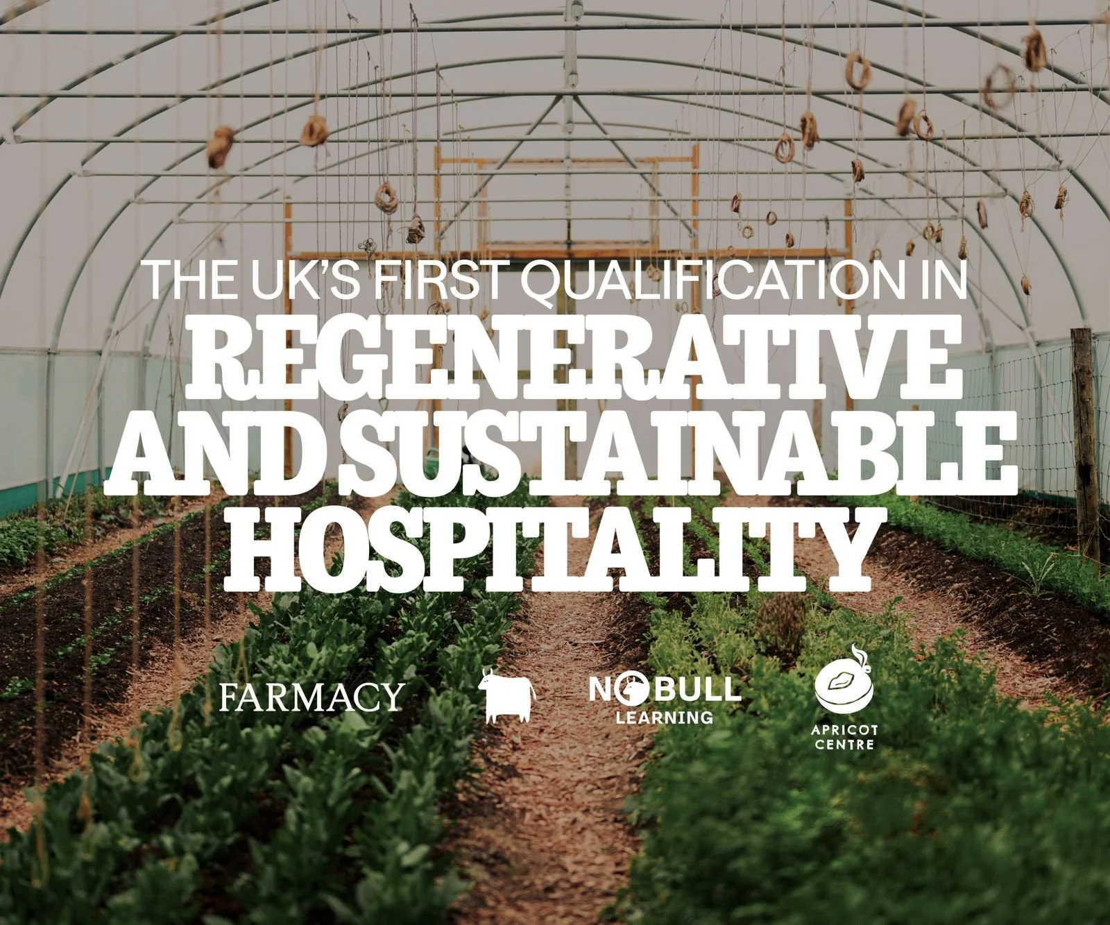 Inside a greenhouse with rows of green plants growing in soil, with text overlay about the UK's first qualification in regenerative and sustainable hospitality, featuring logos of Farmacy, NOBULL Learning, and Apricot Centre.