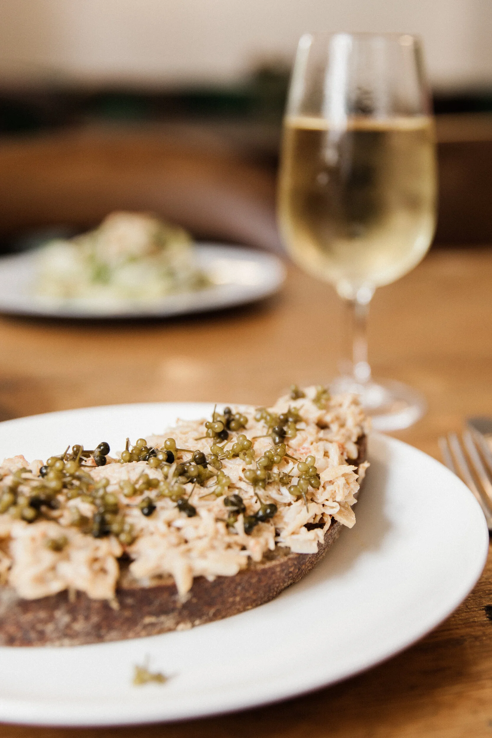 Close-up of an open-faced bread slice topped with shredded chicken and green peppercorns, placed on a white plate.