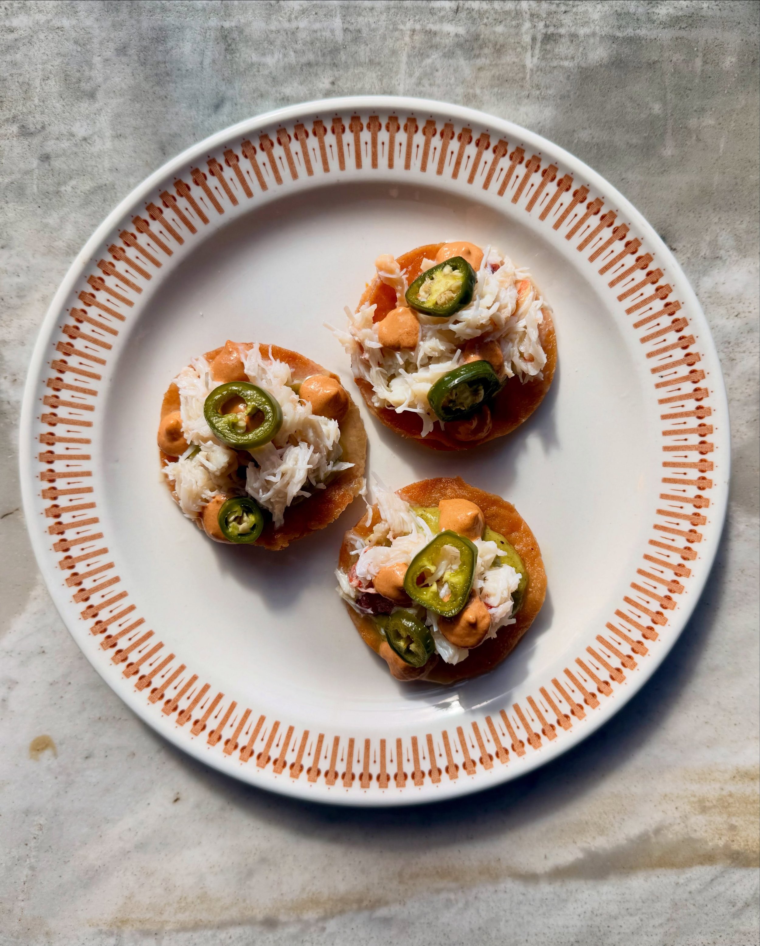 Brown crab is at its best from late summer through autumn, when the meat yield is highest and the flavour is at its fullest. So this is the time to be eating it.

On the menu this weekend //
Crab tostada, pickled jalape&ntilde;o, tomatillo salsa, spi