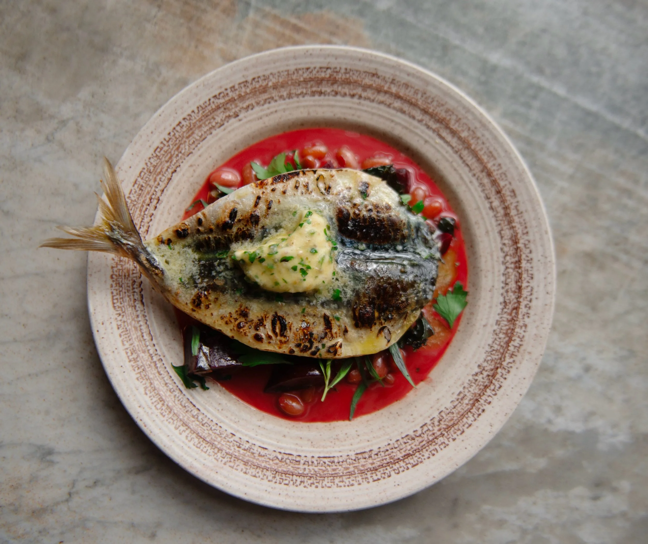 Butterflied mackerel, horseradish butter, borlotti bean and  beetroot salad.

Each part of this dish stands out.
The pairing of beetroot, mackerel and the horseradish butter is a match made  in culinary heaven. Plus the  colour of the beetroot and th