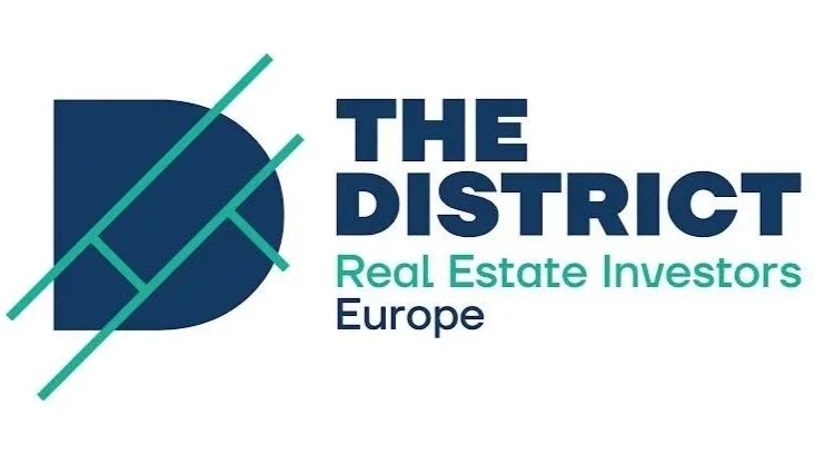 Logo for The District Real Estate Investors Europe featuring a stylized 'D' with green diagonal lines, and text indicating 'The District Real Estate Investors Europe'.